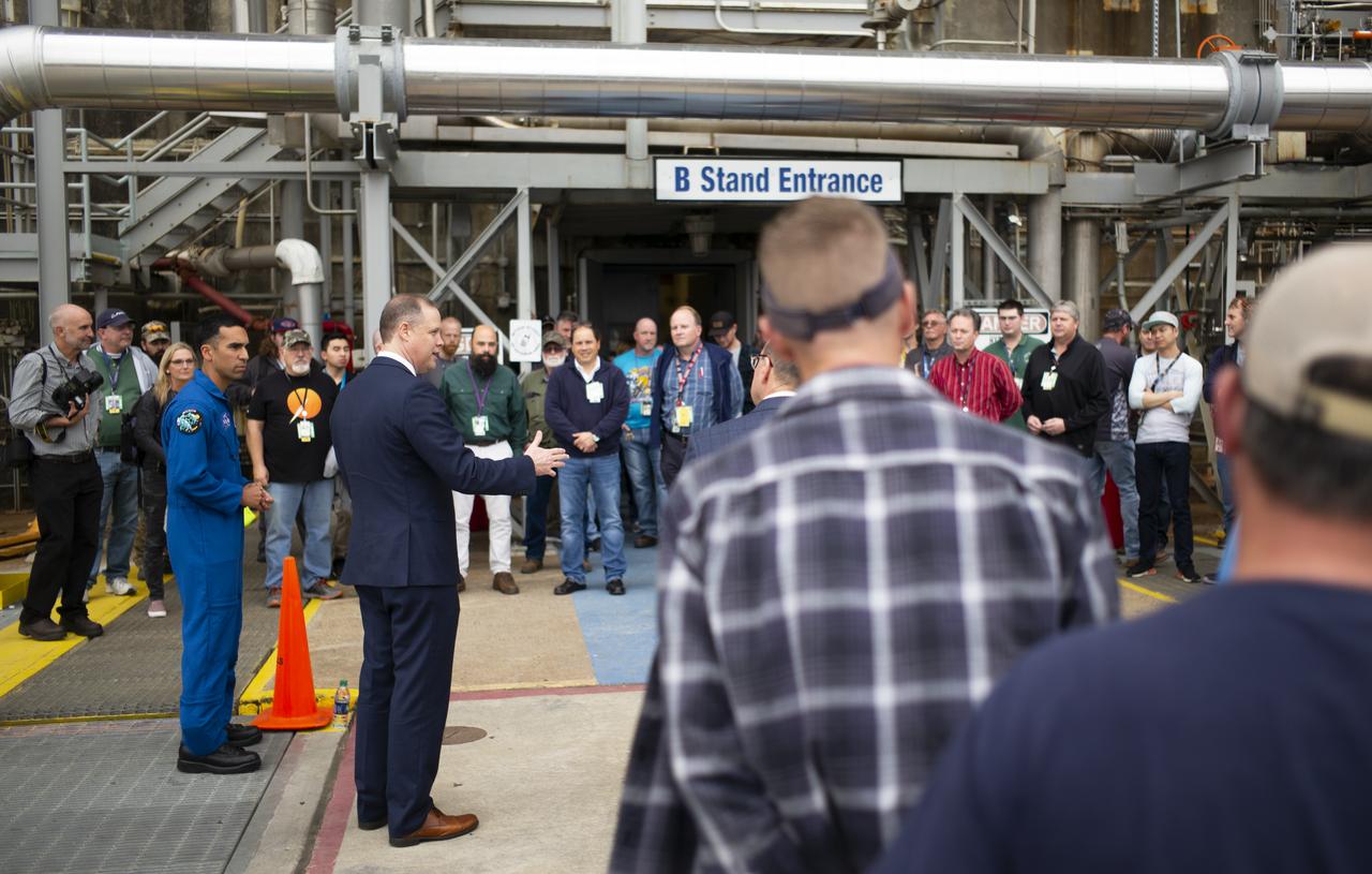 NASA Administrator Jim Bridenstine and NASA astronaut Raja Chari speak with workers involved modal testing of the first core stage of the agency’s Space Launch System (SLS) rocket at the B-2 Test Stand,x3 Monday, Feb. 10, 2020, at NASA’s Stennis Space Center near Bay St. Louis, Mississippi. Over the coming months, the first core stage of NASA’s Space Launch System (SLS) rocket will be undergoing a series of integrated Green Run tests prior to its maiden flight.  Photo Credit: (NASA/Joel Kowsky)