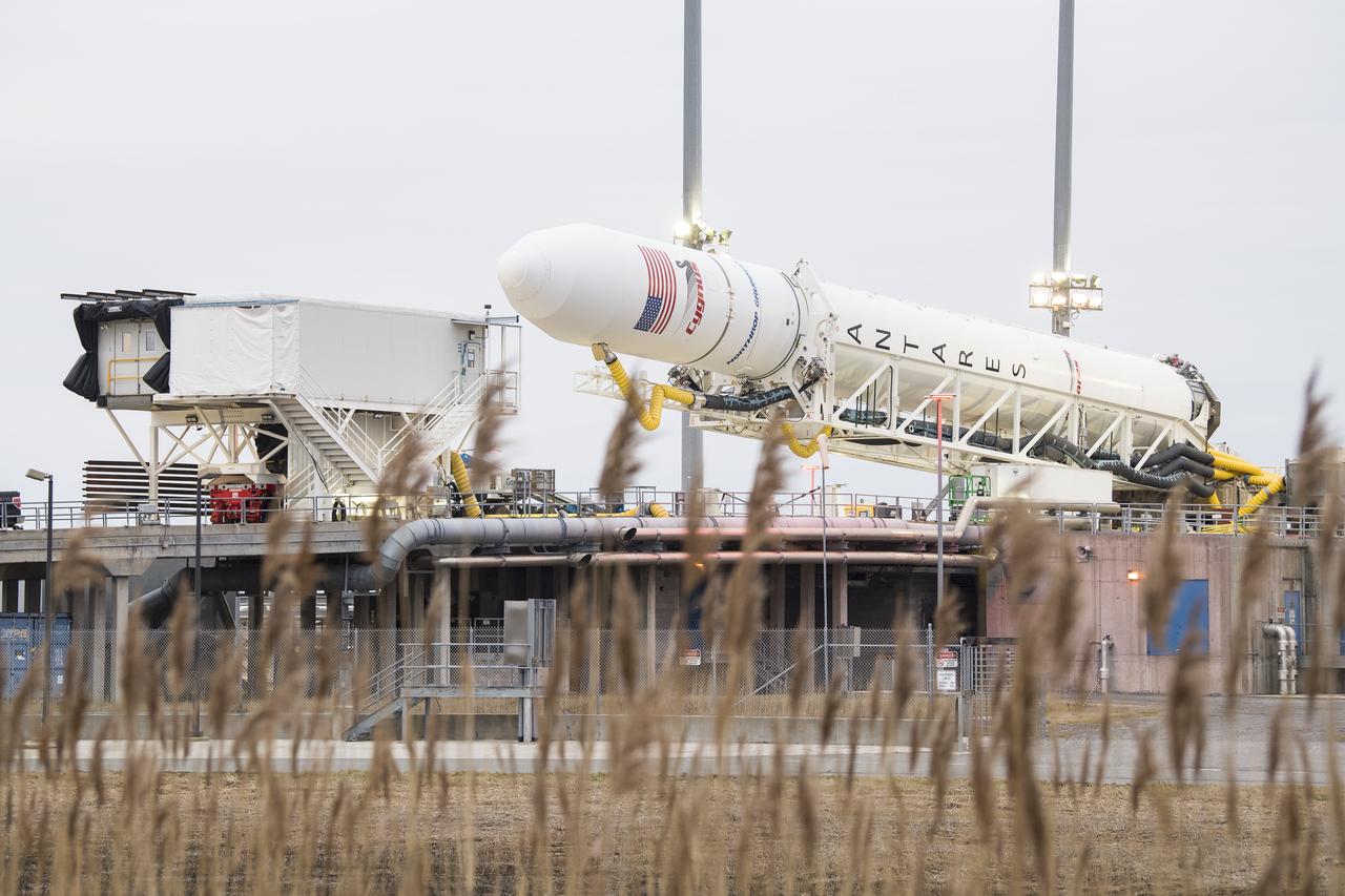 The Northrop Grumman Antares rocket is lowered into a horizontal position to refresh and reload the final cargo into the Cygnus resupply spacecraft, Wednesday, Feb. 12, 2020, at launch Pad-0A of NASA's Wallops Flight Facility in Virginia. Northrop Grumman’s 13th contracted cargo resupply mission with NASA to the International Space Station will deliver more than 7,500 pounds of science and research, crew supplies and vehicle hardware to the orbital laboratory and its crew. Photo Credit: (NASA/Aubrey Gemignani)