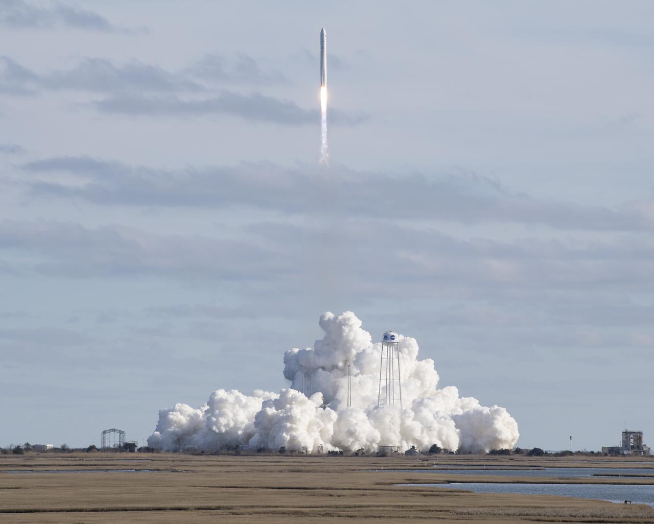 The Northrop Grumman Antares rocket, with Cygnus resupply spacecraft onboard, launches from Pad-0A, Saturday, Feb. 15, 2020 at NASA's Wallops Flight Facility in Virginia. Northrop Grumman's 13th contracted cargo resupply mission for NASA to the International Space Station will deliver more than 7,500 pounds of science and research, crew supplies and vehicle hardware to the orbital laboratory and its crew. Photo Credit: (NASA/Aubrey Gemignani)