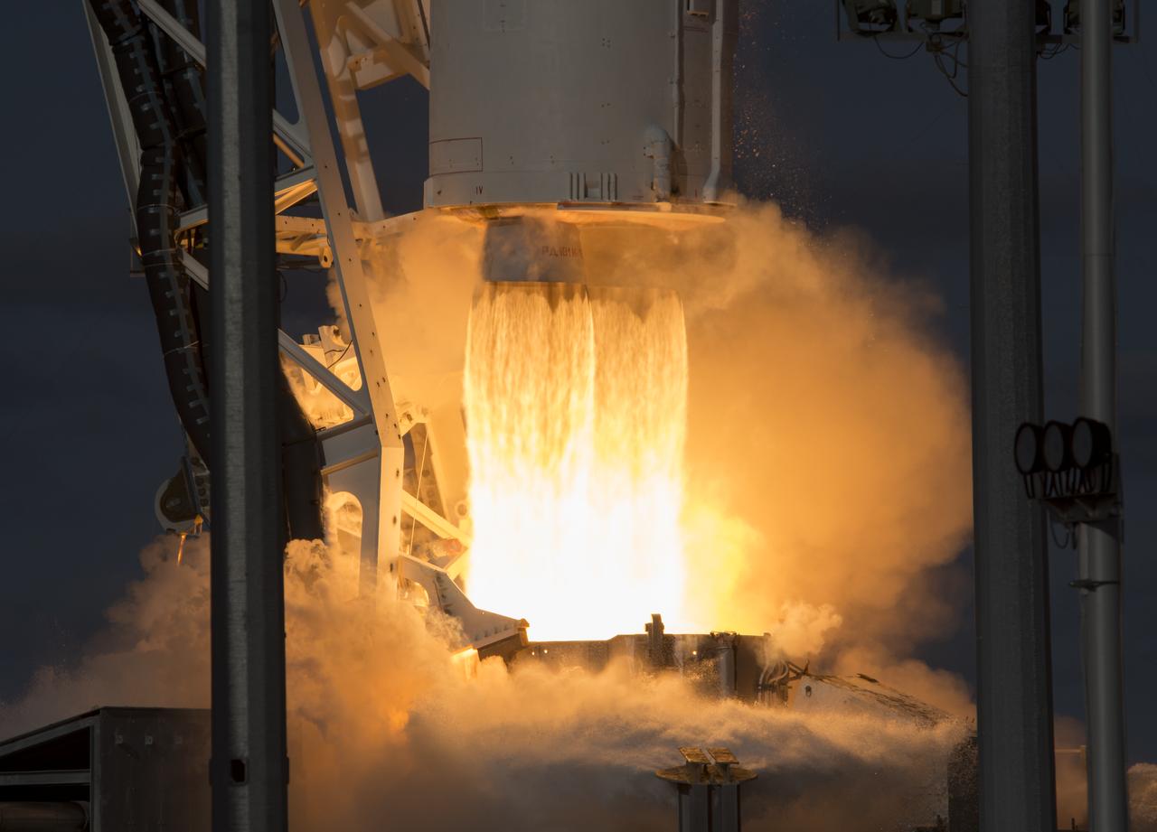 The Northrop Grumman Antares rocket, with Cygnus resupply spacecraft onboard, launches from Pad-0A, Saturday, Feb. 15, 2020 at NASA's Wallops Flight Facility in Virginia. Northrop Grumman's 13th contracted cargo resupply mission for NASA to the International Space Station will deliver more than 7,500 pounds of science and research, crew supplies and vehicle hardware to the orbital laboratory and its crew. Photo Credit: (NASA/Aubrey Gemignani)