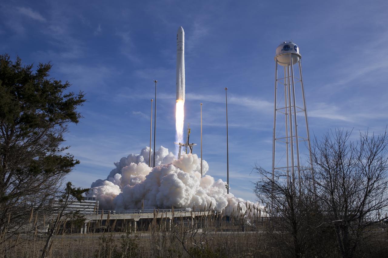 The Northrop Grumman Antares rocket, with Cygnus resupply spacecraft onboard, launches from Pad-0A, Saturday, Feb. 15, 2020 at NASA's Wallops Flight Facility in Virginia. Northrop Grumman's 13th contracted cargo resupply mission for NASA to the International Space Station will deliver more than 7,500 pounds of science and research, crew supplies and vehicle hardware to the orbital laboratory and its crew. Photo Credit: (NASA/Aubrey Gemignani)