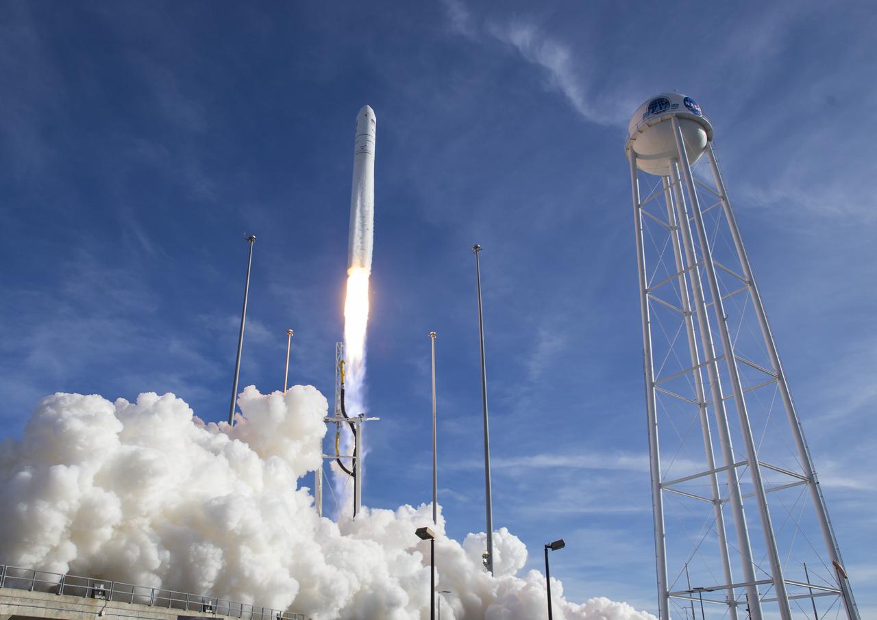 The Northrop Grumman Antares rocket, with Cygnus resupply spacecraft onboard, launches from Pad-0A, Saturday, Feb. 15, 2020 at NASA's Wallops Flight Facility in Virginia. Northrop Grumman's 13th contracted cargo resupply mission for NASA to the International Space Station will deliver more than 7,500 pounds of science and research, crew supplies and vehicle hardware to the orbital laboratory and its crew. Photo Credit: (NASA/Aubrey Gemignani)