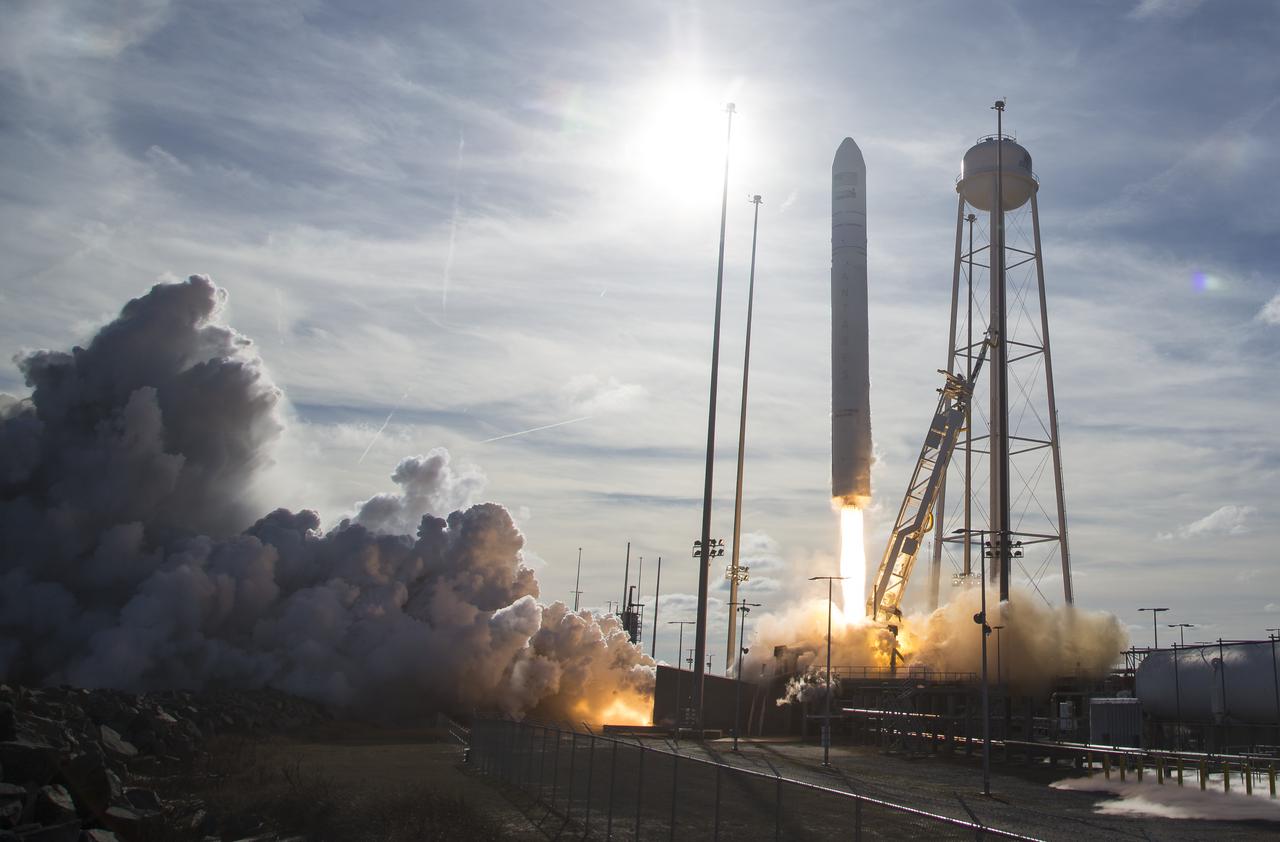 The Northrop Grumman Antares rocket, with Cygnus resupply spacecraft onboard, launches from Pad-0A, Saturday, Feb. 15, 2020 at NASA's Wallops Flight Facility in Virginia. Northrop Grumman's 13th contracted cargo resupply mission for NASA to the International Space Station will deliver more than 7,500 pounds of science and research, crew supplies and vehicle hardware to the orbital laboratory and its crew. Photo Credit: (NASA/Aubrey Gemignani)