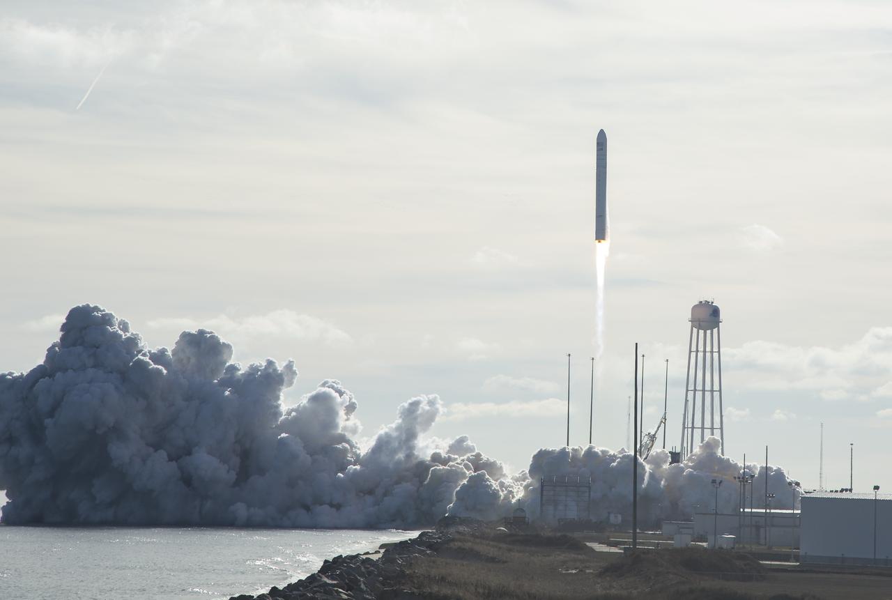 The Northrop Grumman Antares rocket, with Cygnus resupply spacecraft onboard, launches from Pad-0A, Saturday, Feb. 15, 2020 at NASA's Wallops Flight Facility in Virginia. Northrop Grumman's 13th contracted cargo resupply mission for NASA to the International Space Station will deliver more than 7,500 pounds of science and research, crew supplies and vehicle hardware to the orbital laboratory and its crew. Photo Credit: (NASA/Aubrey Gemignani)
