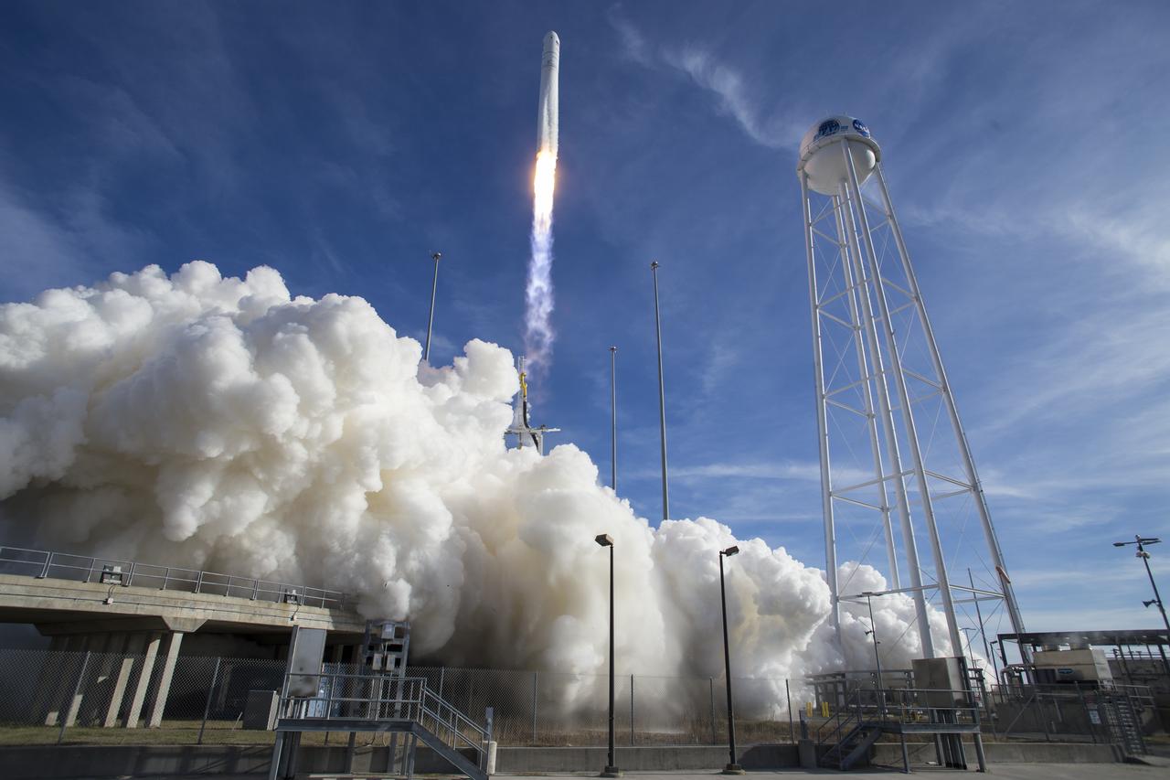 The Northrop Grumman Antares rocket, with Cygnus resupply spacecraft onboard, launches from Pad-0A, Saturday, Feb. 15, 2020 at NASA's Wallops Flight Facility in Virginia. Northrop Grumman's 13th contracted cargo resupply mission for NASA to the International Space Station will deliver more than 7,500 pounds of science and research, crew supplies and vehicle hardware to the orbital laboratory and its crew. Photo Credit: (NASA/Aubrey Gemignani)