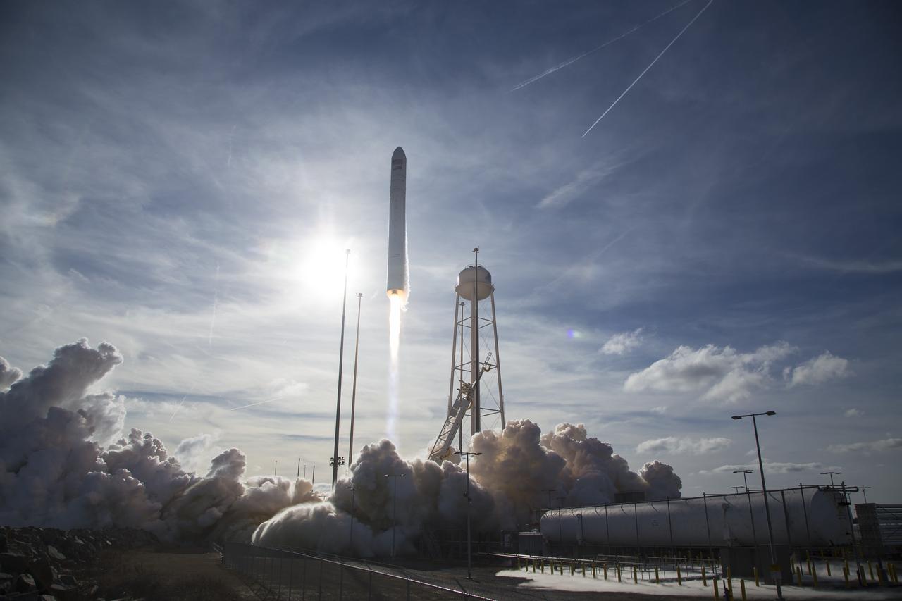 The Northrop Grumman Antares rocket, with Cygnus resupply spacecraft onboard, launches from Pad-0A, Saturday, Feb. 15, 2020 at NASA's Wallops Flight Facility in Virginia. Northrop Grumman's 13th contracted cargo resupply mission for NASA to the International Space Station will deliver more than 7,500 pounds of science and research, crew supplies and vehicle hardware to the orbital laboratory and its crew. Photo Credit: (NASA/Aubrey Gemignani)