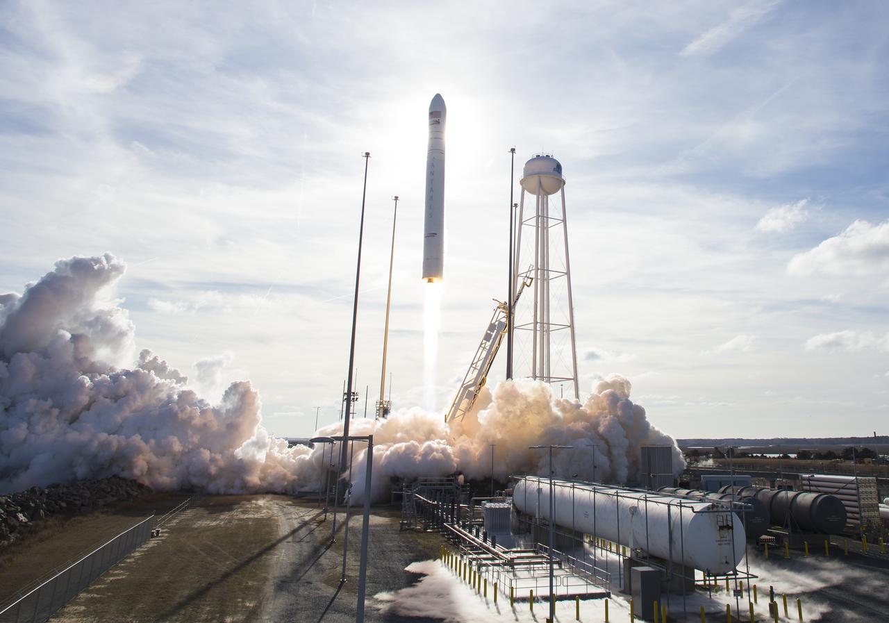 The Northrop Grumman Antares rocket, with Cygnus resupply spacecraft onboard, launches from Pad-0A, Saturday, Feb. 15, 2020 at NASA's Wallops Flight Facility in Virginia. Northrop Grumman's 13th contracted cargo resupply mission for NASA to the International Space Station will deliver more than 7,500 pounds of science and research, crew supplies and vehicle hardware to the orbital laboratory and its crew. Photo Credit: (NASA/Aubrey Gemignani)