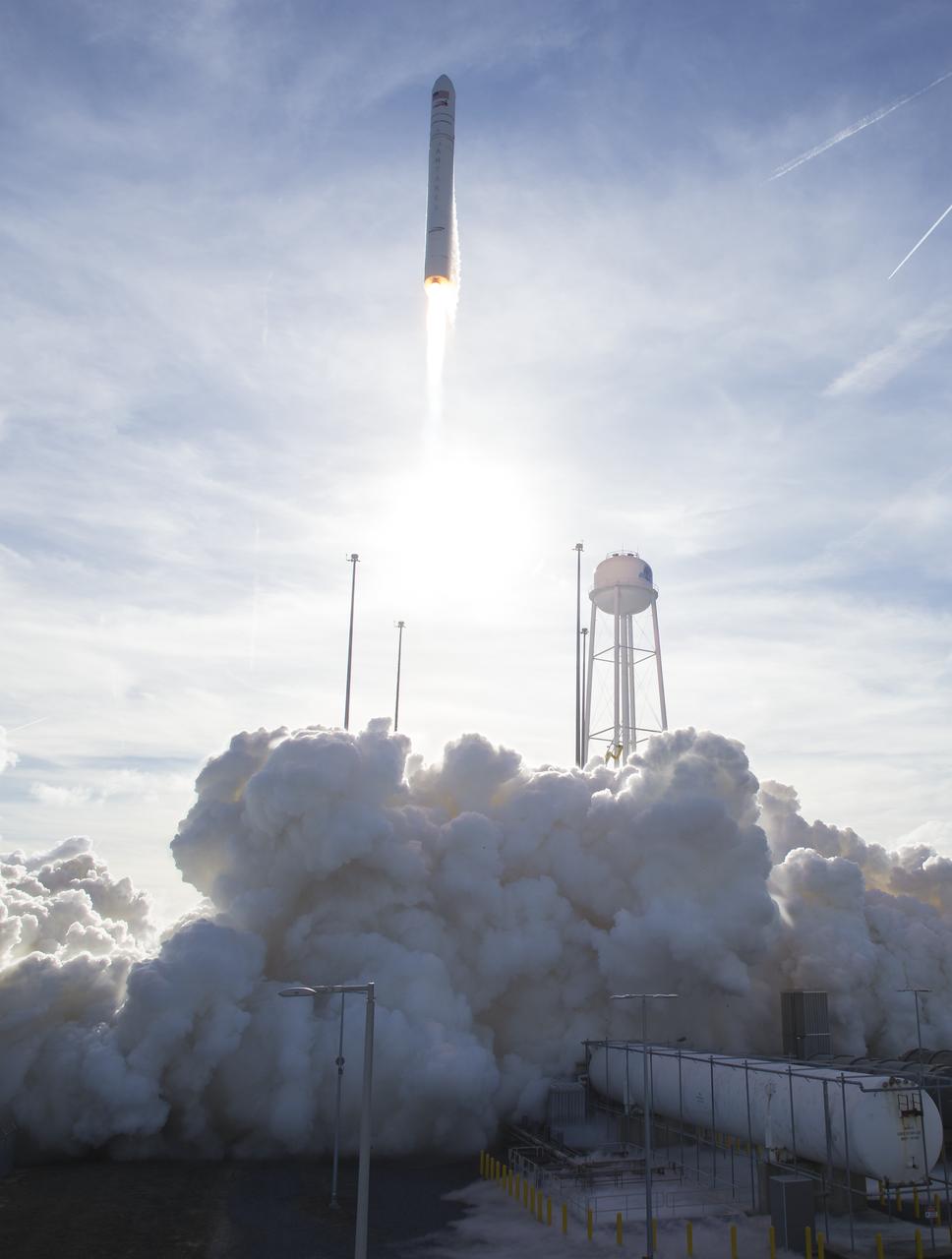 The Northrop Grumman Antares rocket, with Cygnus resupply spacecraft onboard, launches from Pad-0A, Saturday, Feb. 15, 2020 at NASA's Wallops Flight Facility in Virginia. Northrop Grumman's 13th contracted cargo resupply mission for NASA to the International Space Station will deliver more than 7,500 pounds of science and research, crew supplies and vehicle hardware to the orbital laboratory and its crew. Photo Credit: (NASA/Aubrey Gemignani)