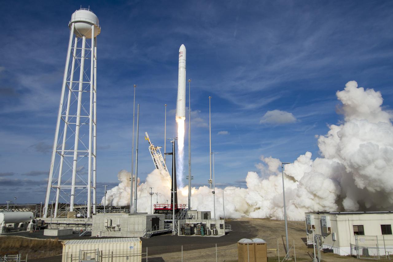 The Northrop Grumman Antares rocket, with Cygnus resupply spacecraft onboard, launches from Pad-0A, Saturday, Feb. 15, 2020 at NASA's Wallops Flight Facility in Virginia. Northrop Grumman's 13th contracted cargo resupply mission for NASA to the International Space Station will deliver more than 7,500 pounds of science and research, crew supplies and vehicle hardware to the orbital laboratory and its crew. Photo Credit: (NASA/Aubrey Gemignani)