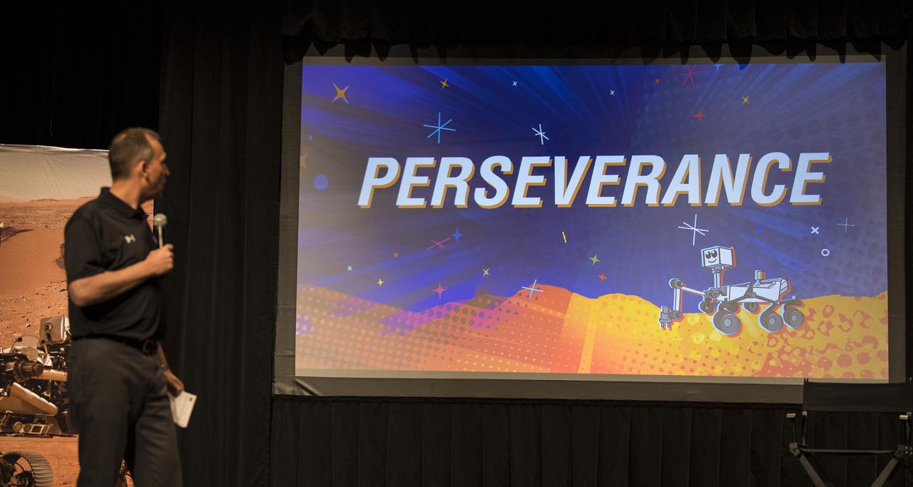 Associate Administrator of NASA's Science Mission Directorate, Thomas Zurbuchen, announces the official name, Perseverance, for the rover formerly known as Mars 2020, Thursday, March 5, 2020, at Lake Braddock Secondary School in Burke, Va. Zurbuchen made the final selection of the new name following a nationwide naming contest conducted in 2019 that drew more than 28,000 essays by K-12 students from every U.S. state and territory. Perseverance is currently at NASA's Kennedy Space Center in Florida being prepared for launch this summer. Photo Credit: (NASA/Aubrey Gemignani)