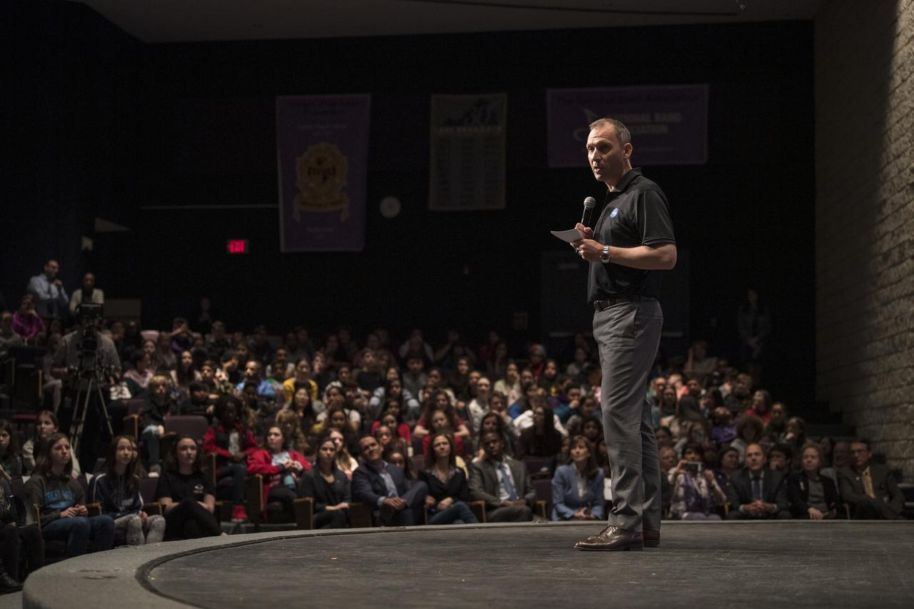 Associate Administrator of NASA's Science Mission Directorate, Thomas Zurbuchen, announces the official name, Perseverance, for the rover formerly known as Mars 2020, Thursday, March 5, 2020, at Lake Braddock Secondary School in Burke, Va. Zurbuchen made the final selection of the new name following a nationwide naming contest conducted in 2019 that drew more than 28,000 essays by K-12 students from every U.S. state and territory. Perseverance is currently at NASA's Kennedy Space Center in Florida being prepared for launch this summer. Photo Credit: (NASA/Aubrey Gemignani)
