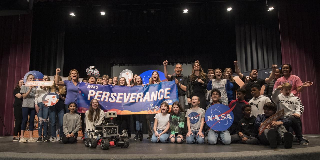 Students chant, “Go Perseverance!” during an event to announce the official name of the Mars 2020 rover, Thursday, March 5, 2020, at Lake Braddock Secondary School in Burke, Va. The final selection of the new name, Perseverance, was made by Associate Administrator of NASA's Science Mission Directorate, Thomas Zurbuchen, following a nationwide naming contest conducted in 2019 that drew more than 28,000 essays by K-12 students from every U.S. state and territory. The rover is currently at NASA's Kennedy Space Center in Florida being prepared for launch this summer. Photo Credit: (NASA/Aubrey Gemignani)