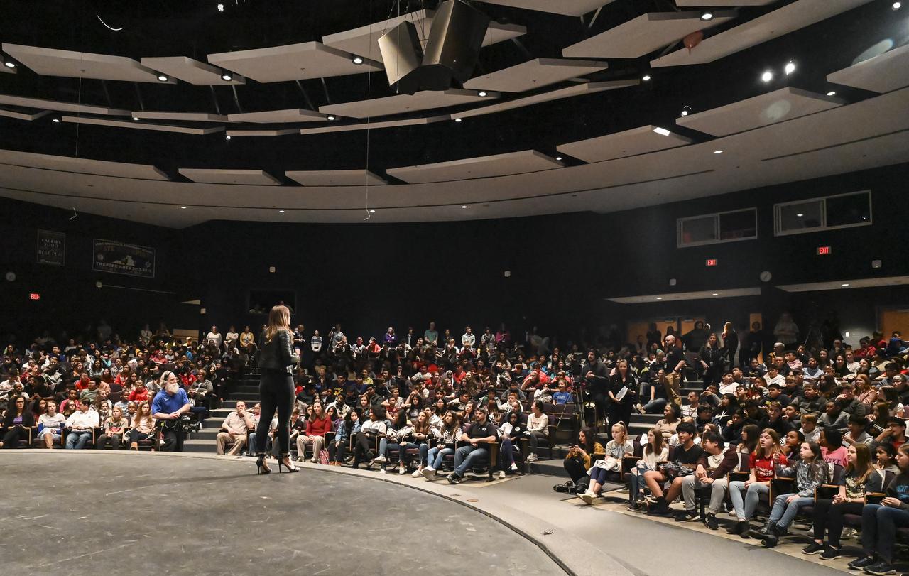 Founder and CEO of Future Engineers, Deanne Bell, speaks to the audience at an event to announce the official name of the Mars 2020 rover, Thursday, March 5, 2020, at Lake Braddock Secondary School in Burke, Va. The final selection of the new name, Perseverance, was made by NASA’s Associate Administrator of the Science Mission Directorate, Thomas Zurbuchen, following a nationwide naming contest conducted in 2019 that drew more than 28,000 essays by K-12 students from every U.S. state and territory. The rover is currently at NASA's Kennedy Space Center in Florida being prepared for launch this summer. Photo Credit: (NASA/Aubrey Gemignani)