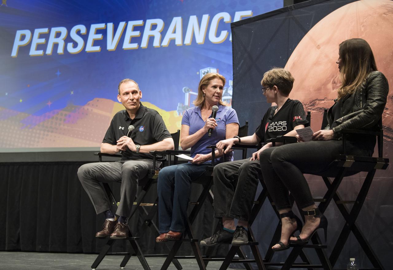 Lori Glaze, Director of the Planetary Science Division of NASA's Science Mission Directorate, second from left, asks Alex Mather, the student whose submission, Perseverance, was chosen as the official name of the Mars 2020 rover, a question, Thursday, March 5, 2020, at Lake Braddock Secondary School in Burke, Va. The final selection of the new name was made by Associate Administrator of NASA's Science Mission Directorate, Thomas Zurbuchen, following a nationwide naming contest conducted in 2019 that drew more than 28,000 essays by K-12 students from every U.S. state and territory. Perseverance is currently at NASA's Kennedy Space Center in Florida being prepared for launch this summer. Photo Credit: (NASA/Aubrey Gemignani)