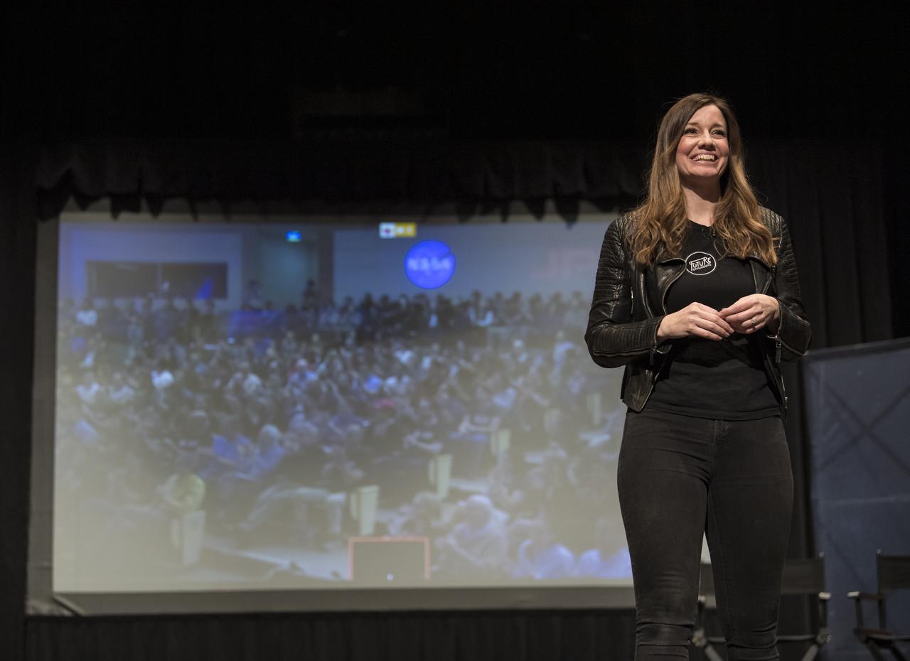 Founder and CEO of Future Engineers, Deanne Bell, speaks to the audience at an event to announce the official name of the Mars 2020 rover, Thursday, March 5, 2020, at Lake Braddock Secondary School in Burke, Va. The final selection of the new name, Perseverance, was made by NASA’s Associate Administrator of the Science Mission Directorate, Thomas Zurbuchen, following a nationwide naming contest conducted in 2019 that drew more than 28,000 essays by K-12 students from every U.S. state and territory. The rover is currently at NASA's Kennedy Space Center in Florida being prepared for launch this summer. Photo Credit: (NASA/Aubrey Gemignani)