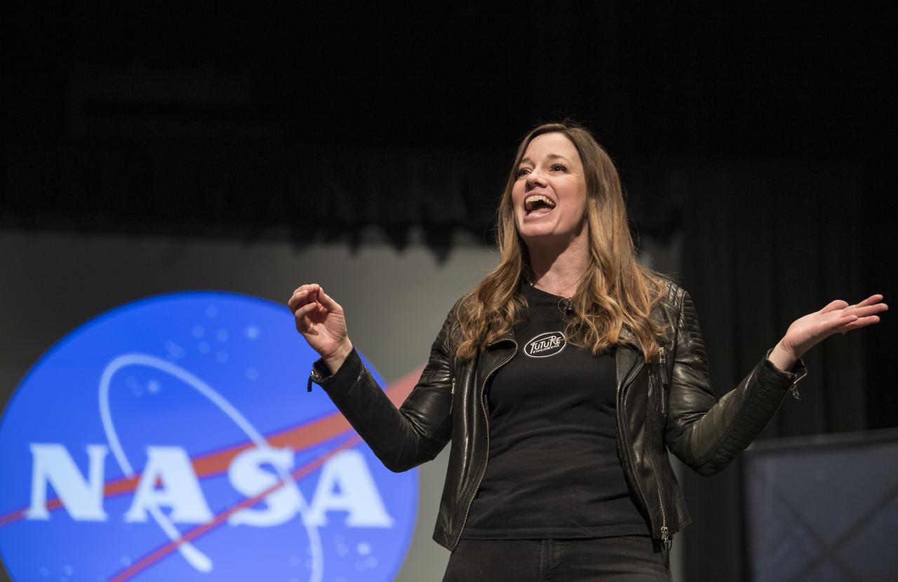 Founder and CEO of Future Engineers, Deanne Bell, speaks to the audience at an event to announce the official name of the Mars 2020 rover, Thursday, March 5, 2020, at Lake Braddock Secondary School in Burke, Va. The final selection of the new name, Perseverance, was made by NASA’s Associate Administrator of the Science Mission Directorate, Thomas Zurbuchen, following a nationwide naming contest conducted in 2019 that drew more than 28,000 essays by K-12 students from every U.S. state and territory. The rover is currently at NASA's Kennedy Space Center in Florida being prepared for launch this summer. Photo Credit: (NASA/Aubrey Gemignani)