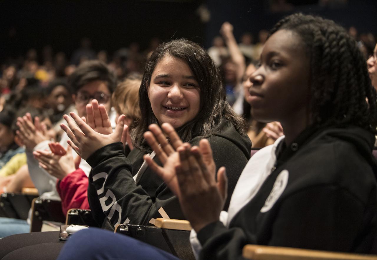 Students applaud during an event to announce the official name of the Mars 2020 rover, Thursday, March 5, 2020, at Lake Braddock Secondary School in Burke, Va. The final selection of the new name, Perseverance, was made by Associate Administrator of NASA's Science Mission Directorate, Thomas Zurbuchen, following a nationwide naming contest conducted in 2019 that drew more than 28,000 essays by K-12 students from every U.S. state and territory. The rover is currently at NASA's Kennedy Space Center in Florida being prepared for launch this summer. Photo Credit: (NASA/Aubrey Gemignani)