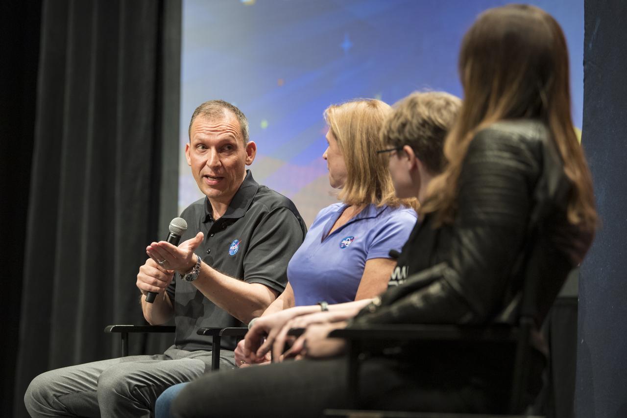 Associate Administrator of NASA's Science Mission Directorate, Thomas Zurbuchen, left, answers a question from Alex Mather, the student whose submission, Perseverance, was chosen as the official name of the Mars 2020 rover, second from right, Thursday, March 5, 2020, at Lake Braddock Secondary School in Burke, Va. The final selection of the new name was made by Zurbuchen, following a nationwide naming contest conducted in 2019 that drew more than 28,000 essays by K-12 students from every U.S. state and territory. Perseverance is currently at NASA's Kennedy Space Center in Florida being prepared for launch this summer. Photo Credit: (NASA/Aubrey Gemignani)