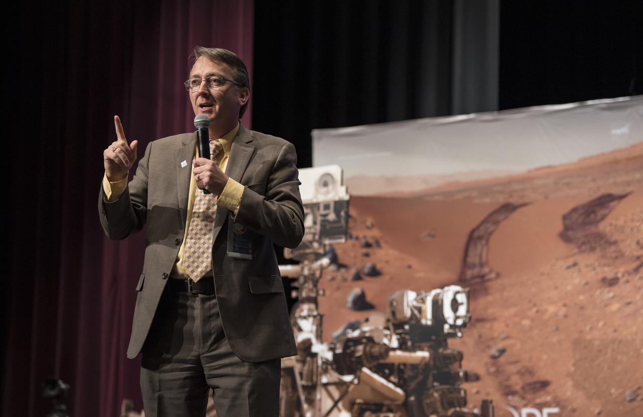 Fairfax County Division Superintendent Scott Brabrand speaks about the importance of STEM at an event to announce the official name of the Mars 2020 rover, Thursday, March 5, 2020, at Lake Braddock Secondary School in Burke, Va. The final selection of the new name was made by Associate Administrator of NASA's Science Mission Directorate, Thomas Zurbuchen, following a nationwide naming contest conducted in 2019 that drew more than 28,000 essays by K-12 students from every U.S. state and territory. The rover is currently at NASA's Kennedy Space Center in Florida being prepared for launch this summer. Photo Credit: (NASA/Aubrey Gemignani)