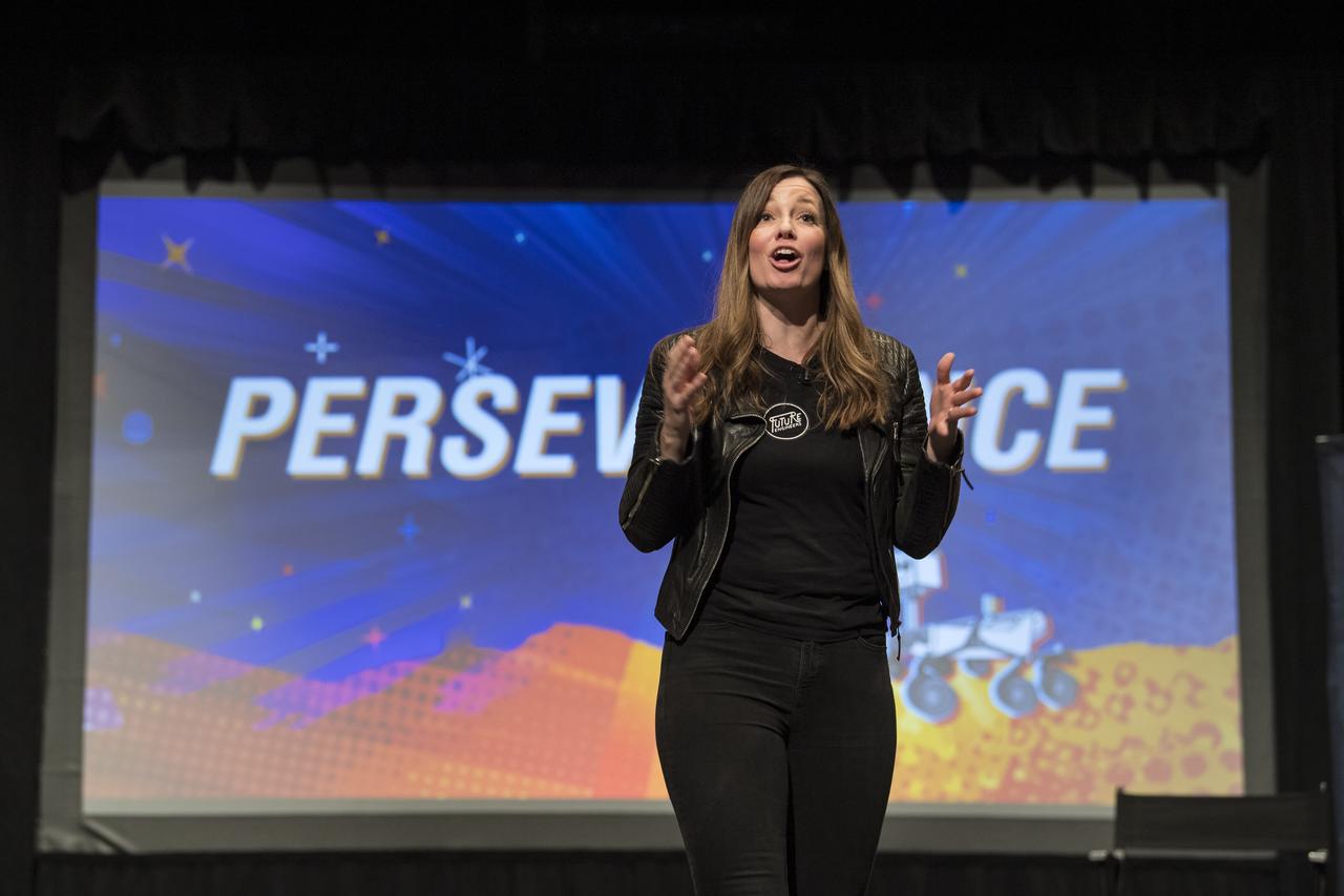 Founder and CEO of Future Engineers, Deanne Bell, speaks at an event to announce the official name of the Mars 2020 rover, Thursday, March 5, 2020, at Lake Braddock Secondary School in Burke, Va. The final selection of the new name, Perseverance, was made by NASA’s Associate Administrator of the Science Mission Directorate, Thomas Zurbuchen, following a nationwide naming contest conducted in 2019 that drew more than 28,000 essays by K-12 students from every U.S. state and territory. The rover is currently at NASA's Kennedy Space Center in Florida being prepared for launch this summer. Photo Credit: (NASA/Aubrey Gemignani)