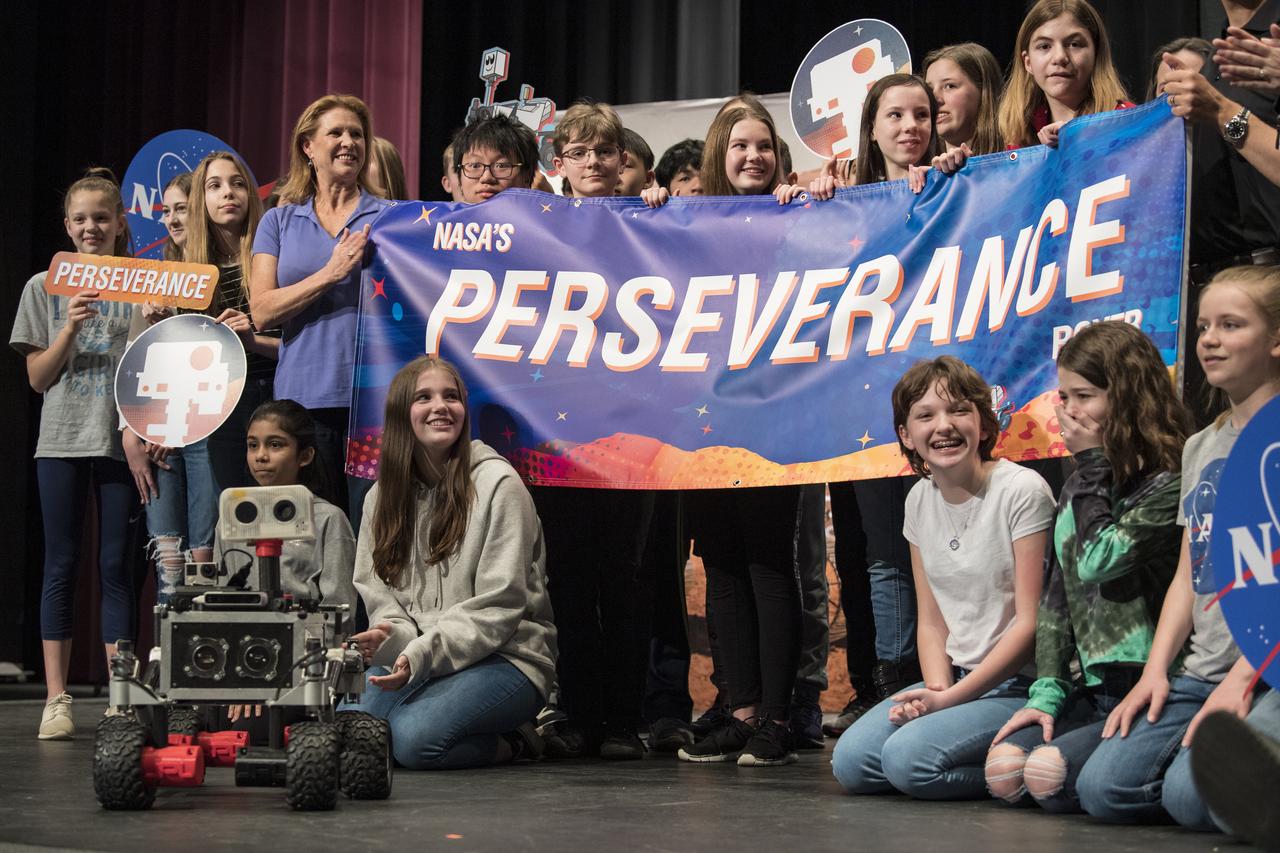 Associate Administrator of NASA's Science Mission Directorate, Thomas Zurbuchen, announces the official name, Perseverance, for the rover formerly known as Mars 2020, Thursday, March 5, 2020, at Lake Braddock Secondary School in Burke, Va. Zurbuchen made the final selection of the new name following a nationwide naming contest conducted in 2019 that drew more than 28,000 essays by K-12 students from every U.S. state and territory. Perseverance is currently at NASA's Kennedy Space Center in Florida being prepared for launch this summer. Photo Credit: (NASA/Aubrey Gemignani)
