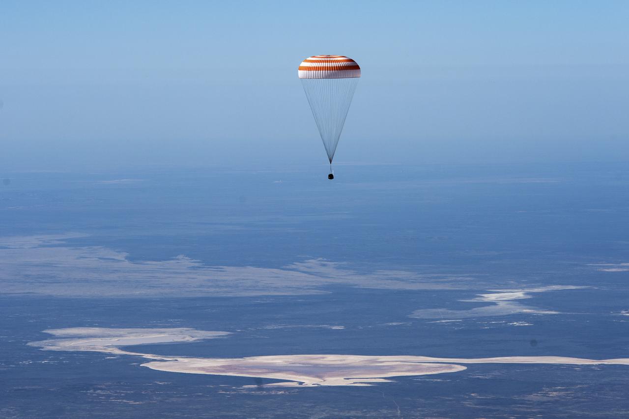 The Soyuz MS-15 spacecraft is seen as it lands in a remote area near the town of Zhezkazgan, Kazakhstan with Expedition 62 crew members Jessica Meir and Drew Morgan of NASA, and Oleg Skripochka of Roscosmos, Friday, April 17, 2020. Meir and Skripochka returned after 205 days in space, and Morgan after 272 days in space. All three served as Expedition 60-61-62 crew members onboard the International Space Station. Photo Credit: (NASA/GCTC/Andrey Shelepin)