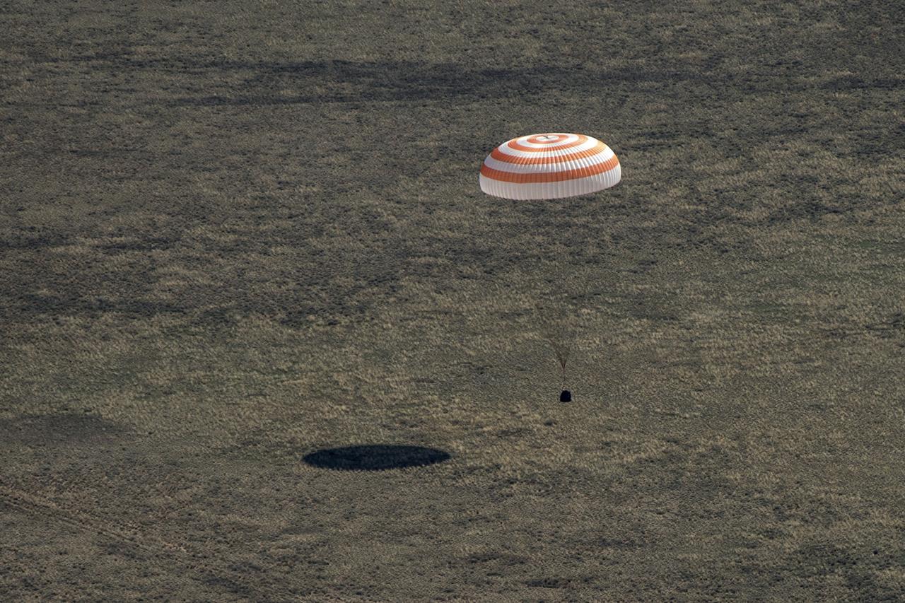 The Soyuz MS-15 spacecraft is seen as it lands in a remote area near the town of Zhezkazgan, Kazakhstan with Expedition 62 crew members Jessica Meir and Drew Morgan of NASA, and Oleg Skripochka of Roscosmos, Friday, April 17, 2020. Meir and Skripochka returned after 205 days in space, and Morgan after 272 days in space. All three served as Expedition 60-61-62 crew members onboard the International Space Station. Photo Credit: (NASA/GCTC/Andrey Shelepin)