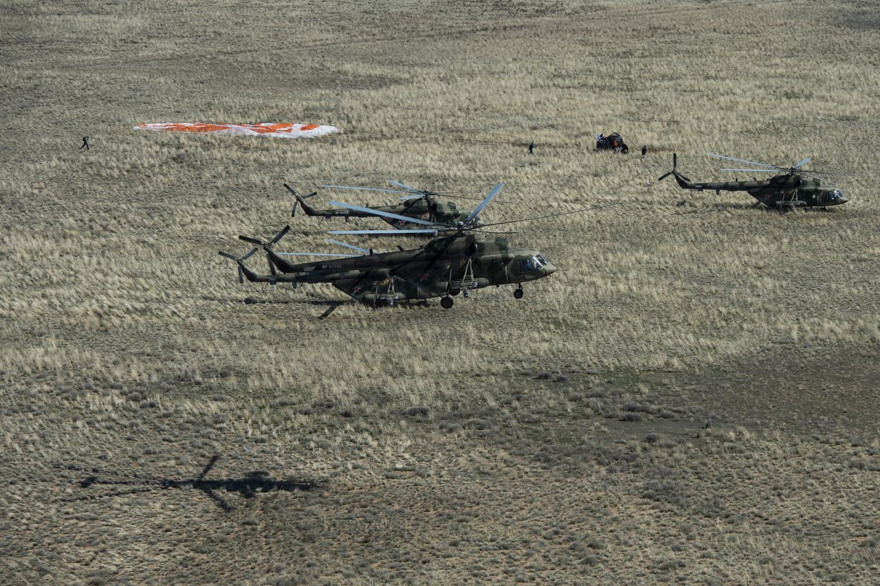 Russian Search and Rescue teams arrive at the Soyuz MS-15 spacecraft shortly after it landed in a remote area near the town of Zhezkazgan, Kazakhstan with Expedition 62 crew members Jessica Meir and Drew Morgan of NASA, and Oleg Skripochka of Roscosmos, Friday, April 17, 2020. Meir and Skripochka returned after 205 days in space, and Morgan after 272 days in space. All three served as Expedition 60-61-62 crew members onboard the International Space Station. Photo Credit: (NASA/GCTC/Andrey Shelepin)