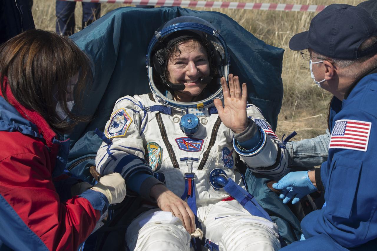 Expedition 62 astronaut Jessica Meir is seen outside the Soyuz MS-15 spacecraft after she landed with NASA astronaut Andrew Morgan and Roscosmos cosmonaut Oleg Skripochka in a remote area near the town of Zhezkazgan, Kazakhstan on Friday, April 17, 2020. Meir and Skripochka returned after 205 days in space, and Morgan after 272 days in space. All three served as Expedition 60-61-62 crew members onboard the International Space Station. Photo Credit: (NASA/GCTC/Andrey Shelepin)