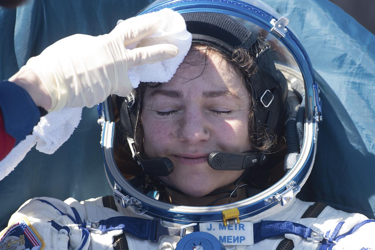 Expedition 62 astronaut Jessica Meir is seen outside the Soyuz MS-15 spacecraft after she landed with NASA astronaut Andrew Morgan and Roscosmos cosmonaut Oleg Skripochka in a remote area near the town of Zhezkazgan, Kazakhstan on Friday, April 17, 2020. Meir and Skripochka returned after 205 days in space, and Morgan after 272 days in space. All three served as Expedition 60-61-62 crew members onboard the International Space Station. Photo Credit: (NASA/GCTC/Andrey Shelepin)