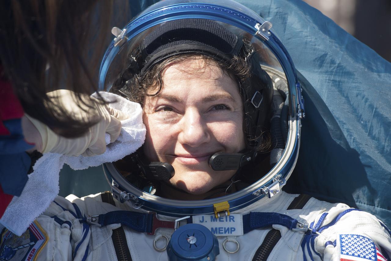 Expedition 62 astronaut Jessica Meir is seen outside the Soyuz MS-15 spacecraft after she landed with NASA astronaut Andrew Morgan and Roscosmos cosmonaut Oleg Skripochka in a remote area near the town of Zhezkazgan, Kazakhstan on Friday, April 17, 2020. Meir and Skripochka returned after 205 days in space, and Morgan after 272 days in space. All three served as Expedition 60-61-62 crew members onboard the International Space Station. Photo Credit: (NASA/GCTC/Andrey Shelepin)