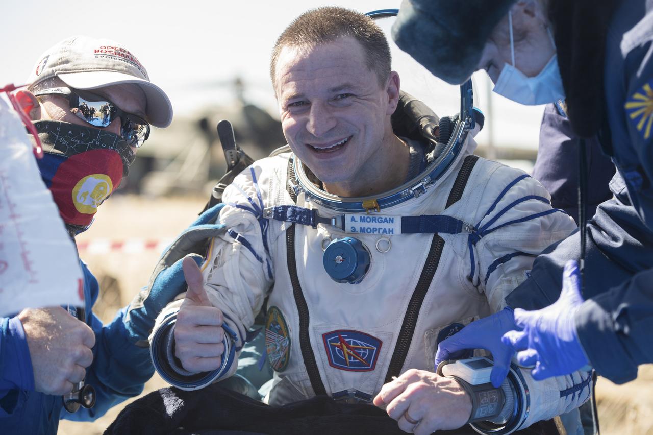 Expedition 62 astronaut Andrew Morgan is seen outside the Soyuz MS-15 spacecraft after he landed with NASA astronaut Jessica Meir and Roscosmos cosmonaut Oleg Skripochka in a remote area near the town of Zhezkazgan, Kazakhstan on Friday, April 17, 2020. Meir and Skripochka returned after 205 days in space, and Morgan after 272 days in space. All three served as Expedition 60-61-62 crew members onboard the International Space Station. Photo Credit: (NASA/GCTC/Andrey Shelepin)