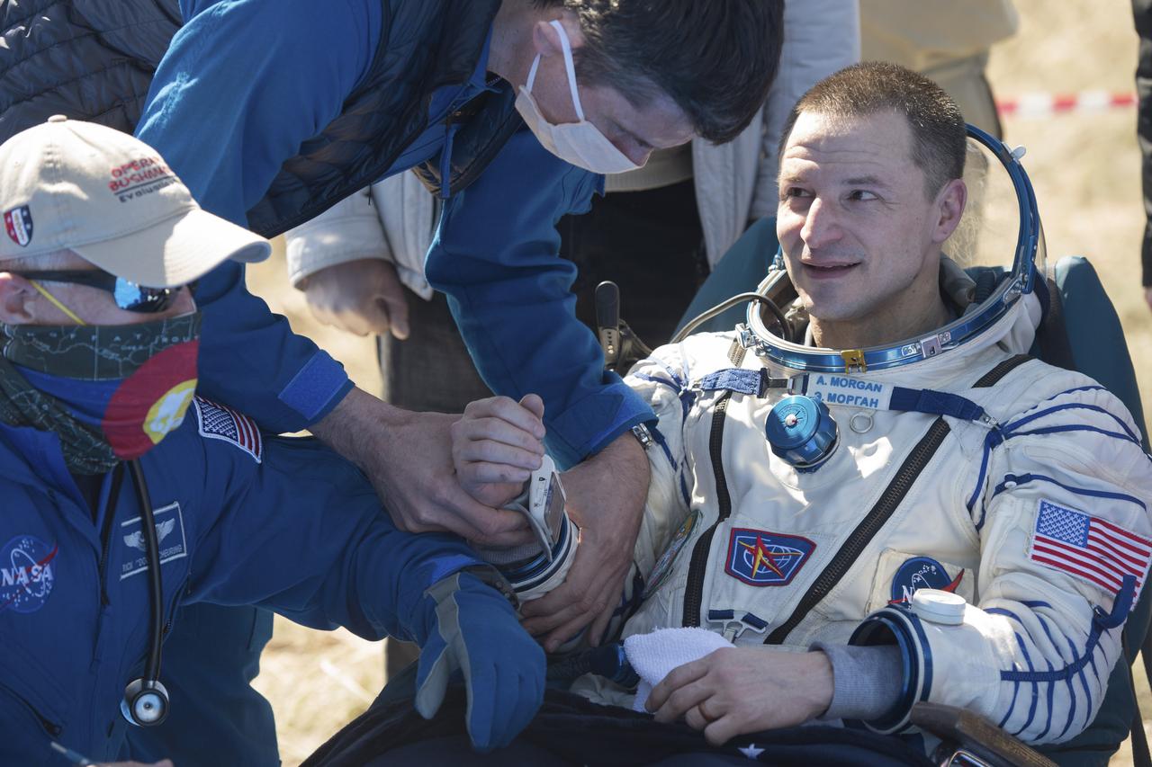 Expedition 62 astronaut Andrew Morgan is seen outside the Soyuz MS-15 spacecraft after he landed with NASA astronaut Jessica Meir and Roscosmos cosmonaut Oleg Skripochka in a remote area near the town of Zhezkazgan, Kazakhstan on Friday, April 17, 2020. Meir and Skripochka returned after 205 days in space, and Morgan after 272 days in space. All three served as Expedition 60-61-62 crew members onboard the International Space Station. Photo Credit: (NASA/GCTC/Andrey Shelepin)
