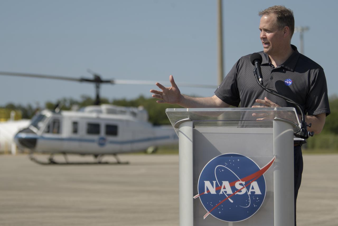 NASA Administrator Jim Bridenstine gives remarks after NASA astronauts Robert Behnken and Douglas Hurley arrived at the Launch and Landing Facility at NASA’s Kennedy Space Center ahead of SpaceX’s Demo-2 mission, Wednesday, May 20, 2020, in Florida. NASA’s SpaceX Demo-2 mission is the first launch with astronauts of the SpaceX Crew Dragon spacecraft and Falcon 9 rocket to the International Space Station as part of the agency’s Commercial Crew Program. The flight test will serve as an end-to-end demonstration of SpaceX’s crew transportation system. Behnken and Hurley are scheduled to launch at 4:33 p.m. EDT on Wednesday, May 27, from Launch Complex 39A at the Kennedy Space Center. A new era of human spaceflight is set to begin as American astronauts once again launch on an American rocket from American soil to low-Earth orbit for the first time since the conclusion of the Space Shuttle Program in 2011. Photo Credit: (NASA/Bill Ingalls)
