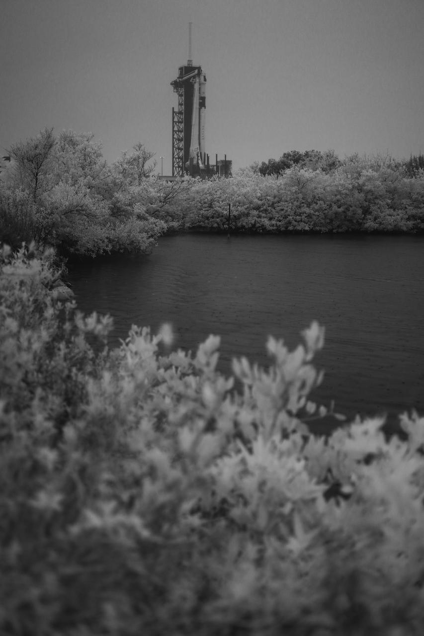 In this black and white infrared image, a SpaceX Falcon 9 rocket with the company's Crew Dragon spacecraft onboard is seen on the launch pad at Launch Complex 39A as preparations continue for the Demo-2 mission, Monday, May 25, 2020, at NASA’s Kennedy Space Center in Florida. NASA’s SpaceX Demo-2 mission is the first launch with astronauts of the SpaceX Crew Dragon spacecraft and Falcon 9 rocket to the International Space Station as part of the agency’s Commercial Crew Program. The test flight serves as an end-to-end demonstration of SpaceX’s crew transportation system. Robert Behnken and Douglas Hurley are scheduled to launch at 4:33 p.m. EDT on Wednesday, May 27, from Launch Complex 39A at the Kennedy Space Center. A new era of human spaceflight is set to begin as American astronauts once again launch on an American rocket from American soil to low-Earth orbit for the first time since the conclusion of the Space Shuttle Program in 2011. Photo Credit: (NASA/Joel Kowsky)
