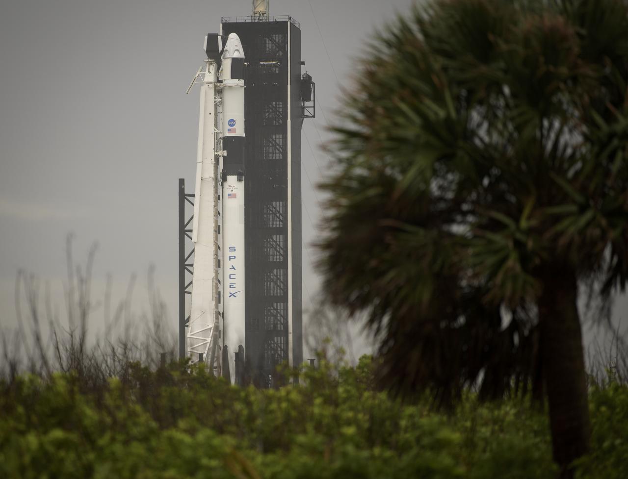 A SpaceX Falcon 9 rocket with the company's Crew Dragon spacecraft onboard is seen on the launch pad at Launch Complex 39A as preparations continue for the Demo-2 mission, Monday, May 25, 2020, at NASA’s Kennedy Space Center in Florida. NASA’s SpaceX Demo-2 mission is the first launch with astronauts of the SpaceX Crew Dragon spacecraft and Falcon 9 rocket to the International Space Station as part of the agency’s Commercial Crew Program. The test flight serves as an end-to-end demonstration of SpaceX’s crew transportation system. Robert Behnken and Douglas Hurley are scheduled to launch at 4:33 p.m. EDT on Wednesday, May 27, from Launch Complex 39A at the Kennedy Space Center. A new era of human spaceflight is set to begin as American astronauts once again launch on an American rocket from American soil to low-Earth orbit for the first time since the conclusion of the Space Shuttle Program in 2011. Photo Credit: (NASA/Bill Ingalls)