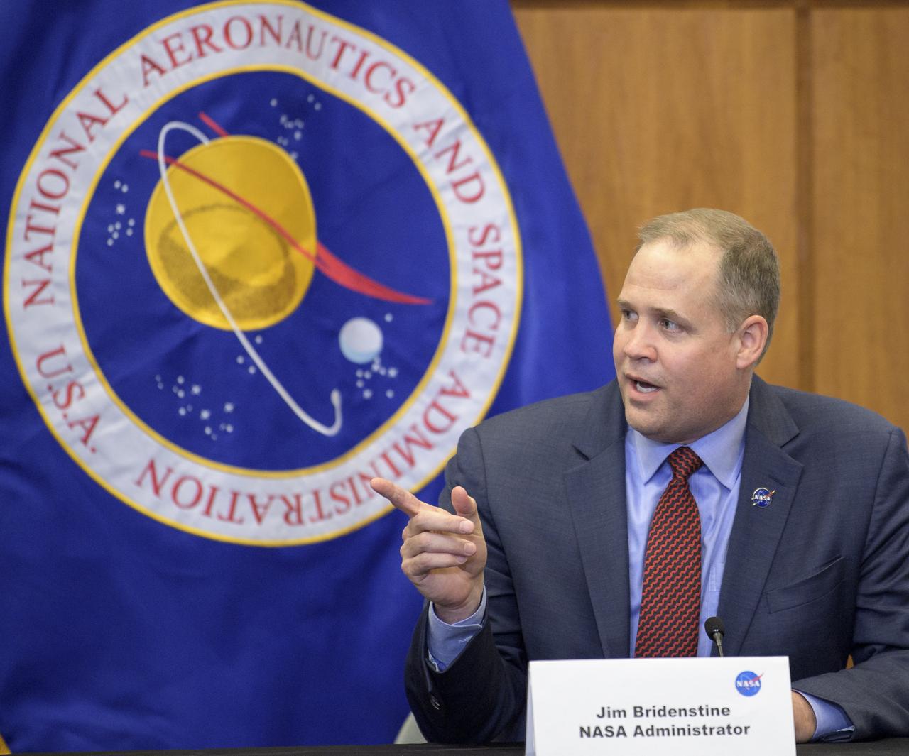 NASA Administrator Jim Bridenstine participates in a SpaceX Demonstration Mission 2 Launch Briefing at the Neil A. Armstrong Operations and Checkout Building following the departure of NASA astronauts Robert Behnken and Douglas Hurley for Launch Complex 39A to board a SpaceX Crew Dragon spacecraft for launch, Wednesday, May 27, 2020, at NASA’s Kennedy Space Center in Florida. NASA’s SpaceX Demo-2 mission is the first launch with astronauts of the SpaceX Crew Dragon spacecraft and Falcon 9 rocket to the International Space Station as part of the agency’s Commercial Crew Program. The test flight serves as an end-to-end demonstration of SpaceX’s crew transportation system. Today’s launch of Behnken and Hurley was scrubbed due to weather and is now scheduled for 3:22 p.m. EDT on Saturday, May 30, from Launch Complex 39A at the Kennedy Space Center. A new era of human spaceflight is set to begin as American astronauts once again launch on an American rocket from American soil to low-Earth orbit for the first time since the conclusion of the Space Shuttle Program in 2011.  Photo Credit: (NASA/Bill Ingalls)