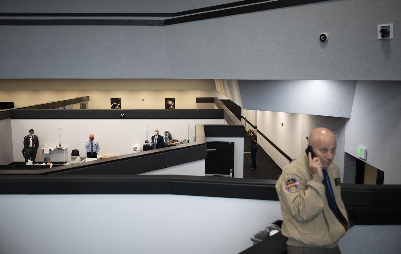 Members of NASA management are seen on a teleconference in firing room four following the attempted launch of a SpaceX Falcon 9 rocket carrying the company's Crew Dragon spacecraft on NASA’s SpaceX Demo-2 mission with NASA astronauts Robert Behnken and Douglas Hurley onboard, Wednesday, May 27, 2020, in firing room four of the Launch Control Center at NASA’s Kennedy Space Center in Florida. NASA’s SpaceX Demo-2 mission is the first launch with astronauts of the SpaceX Crew Dragon spacecraft and Falcon 9 rocket to the International Space Station as part of the agency’s Commercial Crew Program. The test flight serves as an end-to-end demonstration of SpaceX’s crew transportation system. Today’s launch of Behnken and Hurley was scrubbed due to weather and is now scheduled for 3:22 p.m. EDT on Saturday, May 30, from Launch Complex 39A at the Kennedy Space Center. A new era of human spaceflight is set to begin as American astronauts once again launch on an American rocket from American soil to low-Earth orbit for the first time since the conclusion of the Space Shuttle Program in 2011. Photo Credit: (NASA/Joel Kowsky)