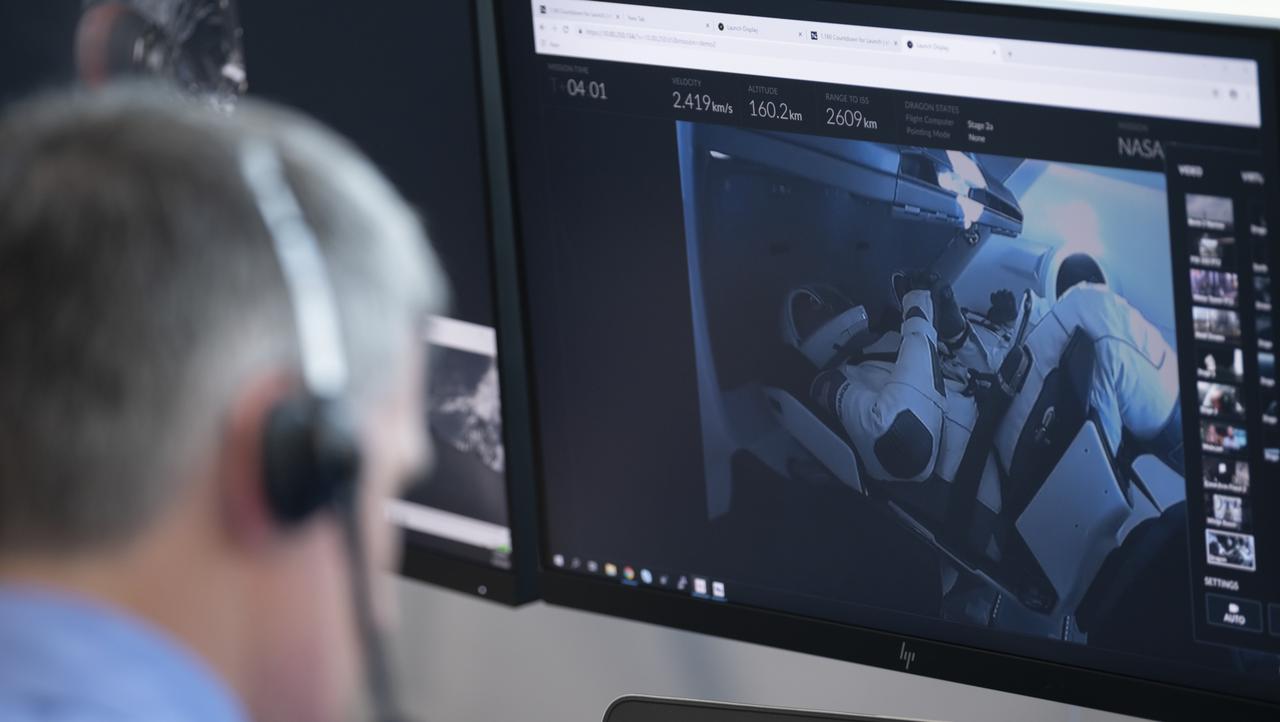 NASA astronauts Robert Behnken and Douglas Hurley are seen inside SpaceX’s Crew Dragon spacecraft on a monitor during launch onboard a SpaceX Falcon 9 rocket on NASA’s SpaceX Demo-2 mission, Saturday, May 30, 2020, in firing room four of the Launch Control Center at NASA’s Kennedy Space Center in Florida. NASA’s SpaceX Demo-2 mission is the first launch with astronauts of the SpaceX Crew Dragon spacecraft and Falcon 9 rocket to the International Space Station as part of the agency’s Commercial Crew Program. The test flight serves as an end-to-end demonstration of SpaceX’s crew transportation system. Behnken and Hurley launched at 3:22 p.m. EDT on Saturday, May 30, from Launch Complex 39A at the Kennedy Space Center. A new era of human spaceflight is set to begin as American astronauts once again launch on an American rocket from American soil to low-Earth orbit for the first time since the conclusion of the Space Shuttle Program in 2011. Photo Credit: (NASA/Joel Kowsky)