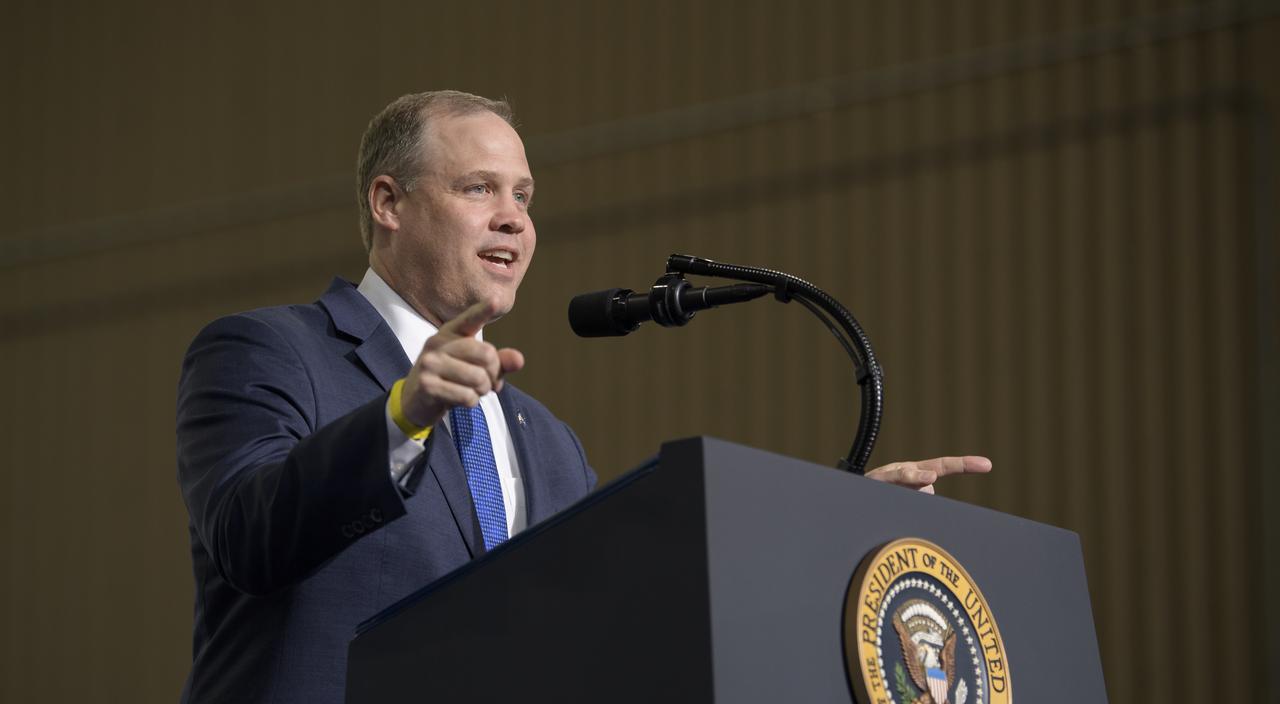 NASA Administrator Jim Bridenstine speaks inside the Vehicle Assembly Building following the launch of a SpaceX Falcon 9 rocket carrying the company's Crew Dragon spacecraft on NASA’s SpaceX Demo-2 mission with NASA astronauts Robert Behnken and Douglas Hurley onboard, Saturday, May 30, 2020, at NASA’s Kennedy Space Center in Florida. NASA’s SpaceX Demo-2 mission is the first launch with astronauts of the SpaceX Crew Dragon spacecraft and Falcon 9 rocket to the International Space Station as part of the agency’s Commercial Crew Program. The test flight serves as an end-to-end demonstration of SpaceX’s crew transportation system. Behnken and Hurley launched at 3:22 p.m. EDT on Saturday, May 30, from Launch Complex 39A at the Kennedy Space Center. A new era of human spaceflight is set to begin as American astronauts once again launch on an American rocket from American soil to low-Earth orbit for the first time since the conclusion of the Space Shuttle Program in 2011. Photo Credit: (NASA/Bill Ingalls)