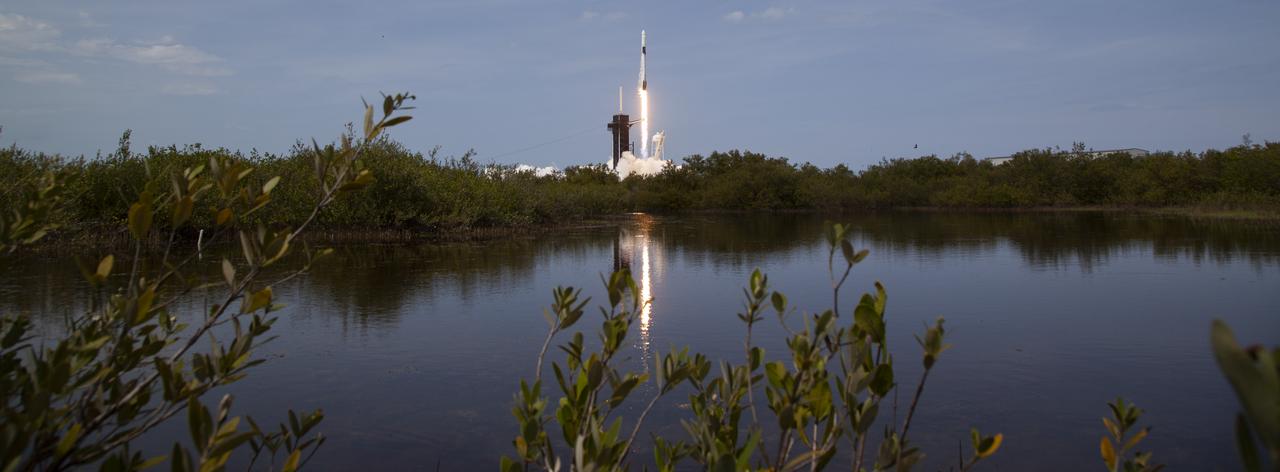 A SpaceX Falcon 9 rocket carrying the company's Crew Dragon spacecraft is launched from Launch Complex 39A on NASA’s SpaceX Demo-2 mission to the International Space Station with NASA astronauts Robert Behnken and Douglas Hurley onboard, Saturday, May 30, 2020, at NASA’s Kennedy Space Center in Florida. The Demo-2 mission is the first launch with astronauts of the SpaceX Crew Dragon spacecraft and Falcon 9 rocket to the International Space Station as part of the agency’s Commercial Crew Program. The test flight serves as an end-to-end demonstration of SpaceX’s crew transportation system. Behnken and Hurley launched at 3:22 p.m. EDT on Saturday, May 30, from Launch Complex 39A at the Kennedy Space Center. A new era of human spaceflight is set to begin as American astronauts once again launch on an American rocket from American soil to low-Earth orbit for the first time since the conclusion of the Space Shuttle Program in 2011. Photo Credit: (NASA/Joel Kowsky)