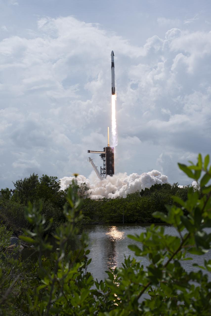 A SpaceX Falcon 9 rocket carrying the company's Crew Dragon spacecraft is launched from Launch Complex 39A on NASA’s SpaceX Demo-2 mission to the International Space Station with NASA astronauts Robert Behnken and Douglas Hurley onboard, Saturday, May 30, 2020, at NASA’s Kennedy Space Center in Florida. The Demo-2 mission is the first launch with astronauts of the SpaceX Crew Dragon spacecraft and Falcon 9 rocket to the International Space Station as part of the agency’s Commercial Crew Program. The test flight serves as an end-to-end demonstration of SpaceX’s crew transportation system. Behnken and Hurley launched at 3:22 p.m. EDT on Saturday, May 30, from Launch Complex 39A at the Kennedy Space Center. A new era of human spaceflight is set to begin as American astronauts once again launch on an American rocket from American soil to low-Earth orbit for the first time since the conclusion of the Space Shuttle Program in 2011. Photo Credit: (NASA/Bill Ingalls)