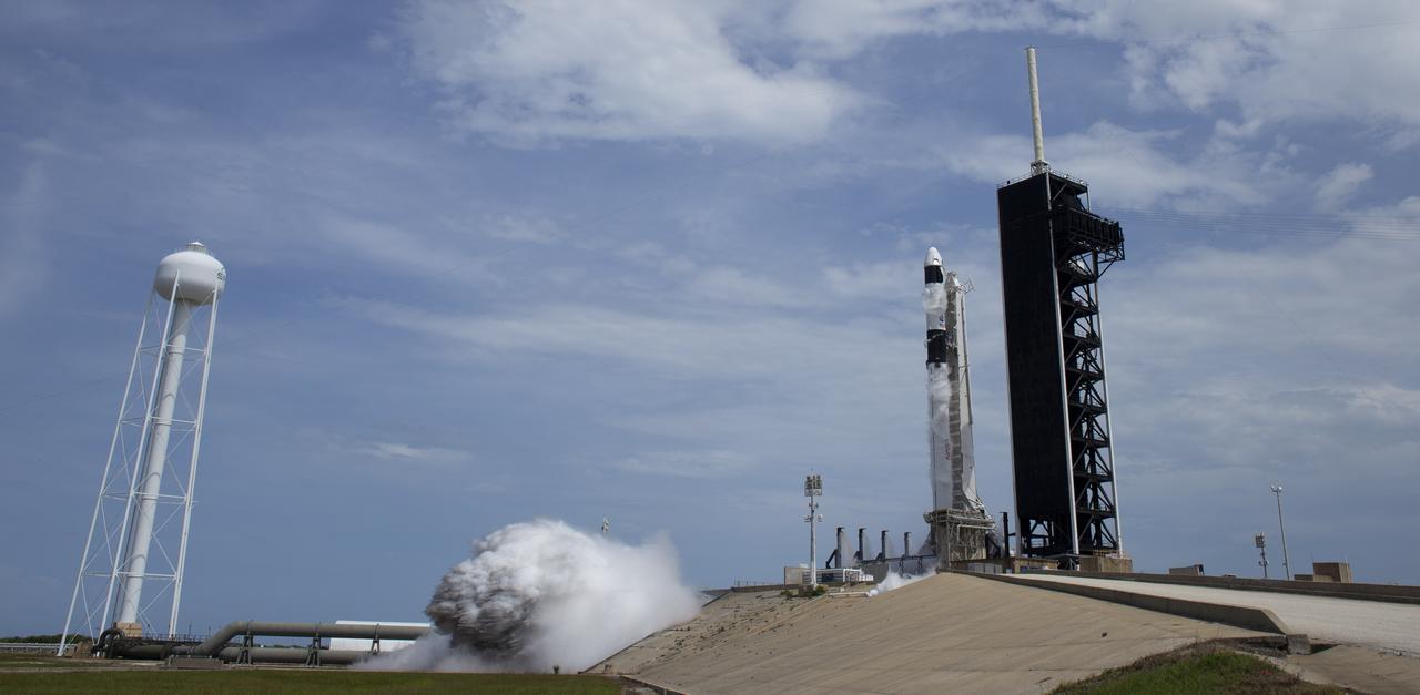 A SpaceX Falcon 9 rocket carrying the company's Crew Dragon spacecraft is launched from Launch Complex 39A on NASA’s SpaceX Demo-2 mission to the International Space Station with NASA astronauts Robert Behnken and Douglas Hurley onboard, Saturday, May 30, 2020, at NASA’s Kennedy Space Center in Florida. The Demo-2 mission is the first launch with astronauts of the SpaceX Crew Dragon spacecraft and Falcon 9 rocket to the International Space Station as part of the agency’s Commercial Crew Program. The test flight serves as an end-to-end demonstration of SpaceX’s crew transportation system. Behnken and Hurley launched at 3:22 p.m. EDT on Saturday, May 30, from Launch Complex 39A at the Kennedy Space Center. A new era of human spaceflight is set to begin as American astronauts once again launch on an American rocket from American soil to low-Earth orbit for the first time since the conclusion of the Space Shuttle Program in 2011. Photo Credit: (NASA/Joel Kowsky)