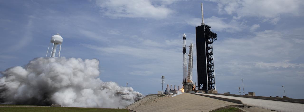A SpaceX Falcon 9 rocket carrying the company's Crew Dragon spacecraft is launched from Launch Complex 39A on NASA’s SpaceX Demo-2 mission to the International Space Station with NASA astronauts Robert Behnken and Douglas Hurley onboard, Saturday, May 30, 2020, at NASA’s Kennedy Space Center in Florida. The Demo-2 mission is the first launch with astronauts of the SpaceX Crew Dragon spacecraft and Falcon 9 rocket to the International Space Station as part of the agency’s Commercial Crew Program. The test flight serves as an end-to-end demonstration of SpaceX’s crew transportation system. Behnken and Hurley launched at 3:22 p.m. EDT on Saturday, May 30, from Launch Complex 39A at the Kennedy Space Center. A new era of human spaceflight is set to begin as American astronauts once again launch on an American rocket from American soil to low-Earth orbit for the first time since the conclusion of the Space Shuttle Program in 2011. Photo Credit: (NASA/Joel Kowsky)