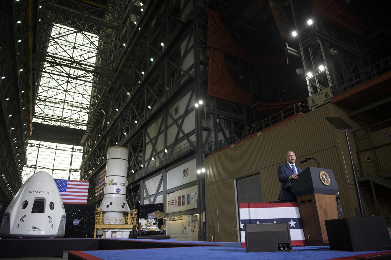 NASA Administrator Jim Bridenstine speaks inside the Vehicle Assembly Building following the launch of a SpaceX Falcon 9 rocket carrying the company's Crew Dragon spacecraft on NASA’s SpaceX Demo-2 mission with NASA astronauts Robert Behnken and Douglas Hurley onboard, Saturday, May 30, 2020, at NASA’s Kennedy Space Center in Florida. NASA’s SpaceX Demo-2 mission is the first launch with astronauts of the SpaceX Crew Dragon spacecraft and Falcon 9 rocket to the International Space Station as part of the agency’s Commercial Crew Program. The test flight serves as an end-to-end demonstration of SpaceX’s crew transportation system. Behnken and Hurley launched at 3:22 p.m. EDT on Saturday, May 30, from Launch Complex 39A at the Kennedy Space Center. A new era of human spaceflight is set to begin as American astronauts once again launch on an American rocket from American soil to low-Earth orbit for the first time since the conclusion of the Space Shuttle Program in 2011. Photo Credit: (NASA/Bill Ingalls)