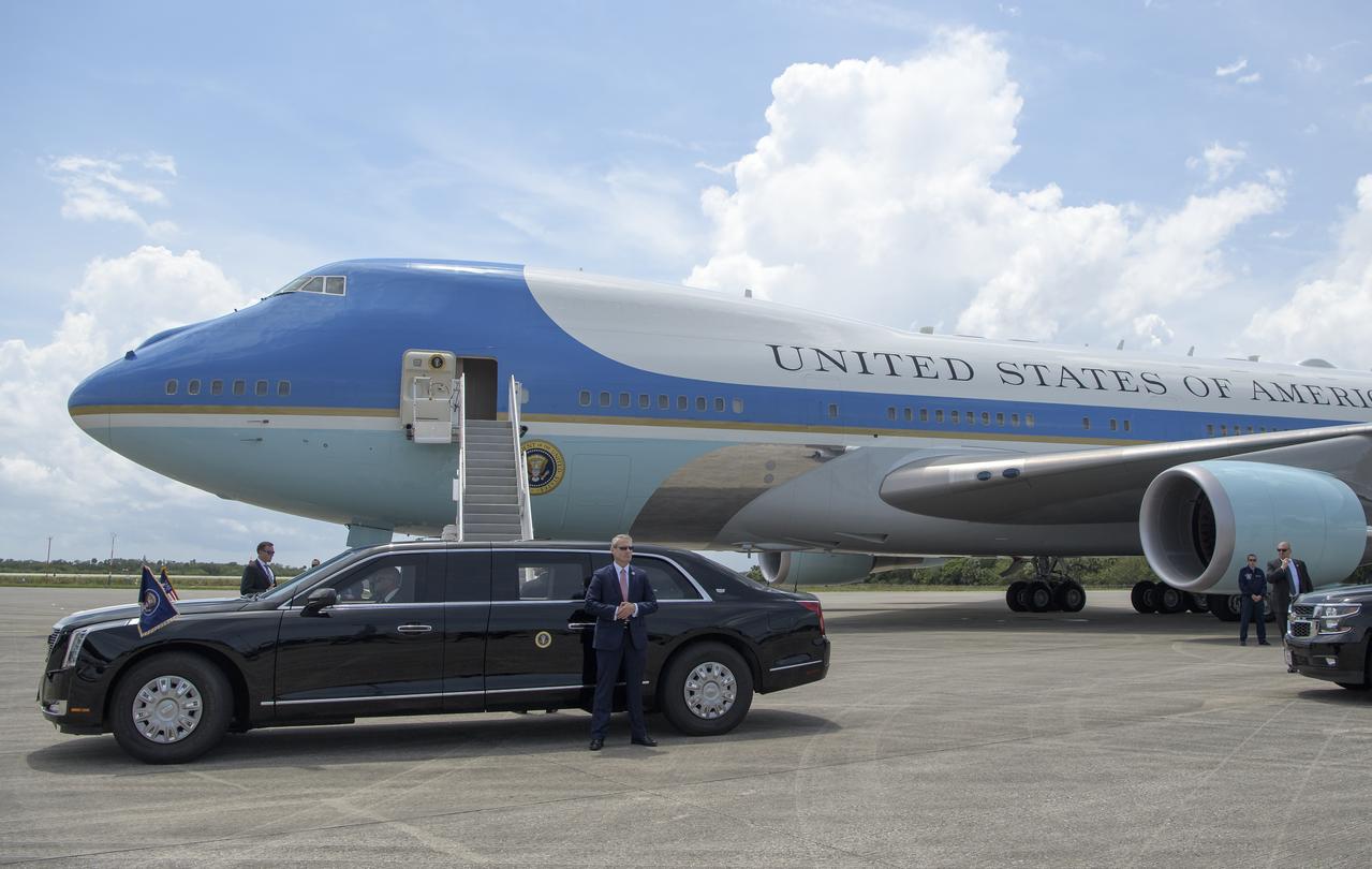 The President’s limousine also know as "the beast," is seen in front of Air Force One after President Donald Trump arrived at the Launch and Landing Facility at NASA’s Kennedy Space Center ahead of SpaceX’s Demo-2 mission, Saturday, May 30, 2020, in Florida. NASA’s SpaceX Demo-2 mission is the first launch with astronauts of the SpaceX Crew Dragon spacecraft and Falcon 9 rocket to the International Space Station as part of the agency’s Commercial Crew Program. The test flight serves as an end-to-end demonstration of SpaceX’s crew transportation system. Behnken and Hurley are scheduled to launch at 3:22 p.m. EDT on Saturday, May 30, from Launch Complex 39A at the Kennedy Space Center. A new era of human spaceflight is set to begin as American astronauts once again launch on an American rocket from American soil to low-Earth orbit for the first time since the conclusion of the Space Shuttle Program in 2011.  Photo Credit: (NASA/Bill Ingalls)
