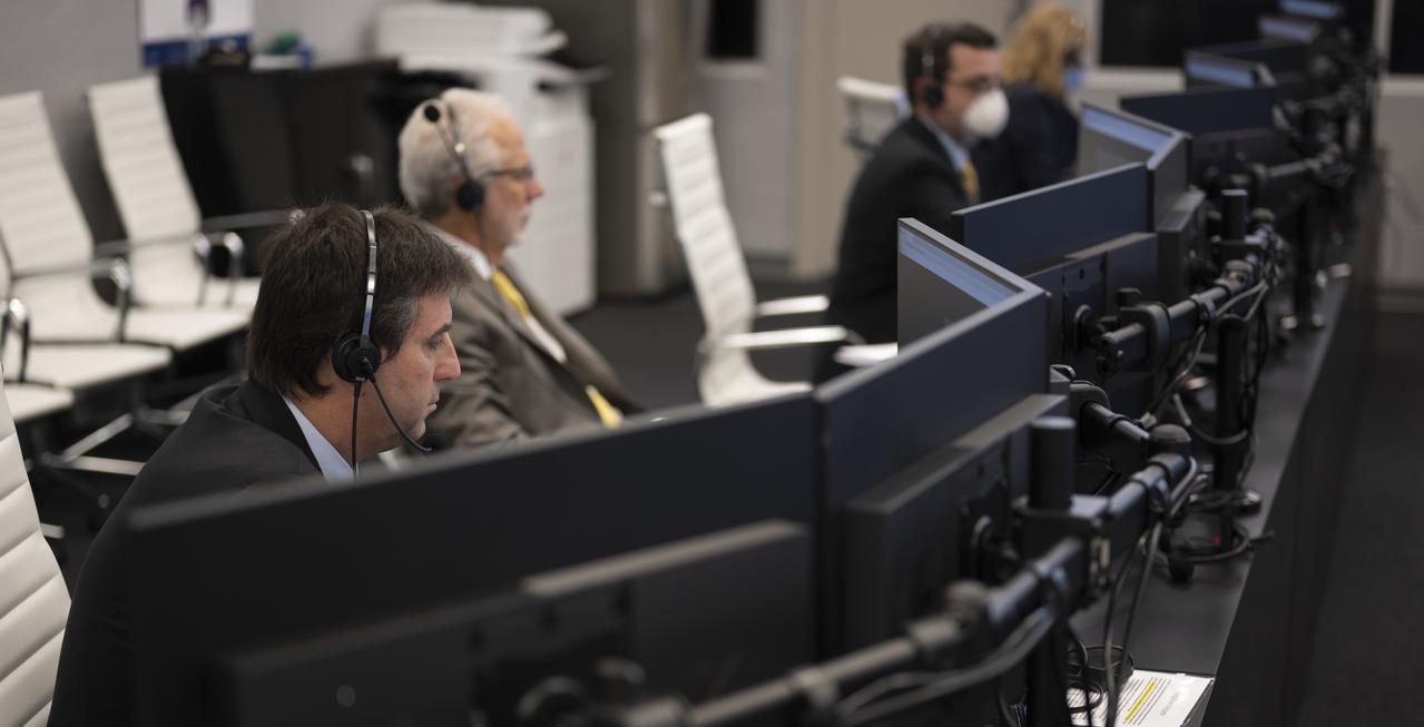 Joel Montalbano, NASA’s International Space Station Deputy Program Manager, and Mark Geyer, Director of NASA’s Johnson Space Center, monitor the countdown of the launch of a SpaceX Falcon 9 rocket carrying the company's Crew Dragon spacecraft on NASA’s SpaceX Demo-2 mission with NASA astronauts Robert Behnken and Douglas Hurley onboard, Saturday, May 30, 2020, in firing room four of the Launch Control Center at NASA’s Kennedy Space Center in Florida. NASA’s SpaceX Demo-2 mission is the first launch with astronauts of the SpaceX Crew Dragon spacecraft and Falcon 9 rocket to the International Space Station as part of the agency’s Commercial Crew Program. The test flight serves as an end-to-end demonstration of SpaceX’s crew transportation system. Behnken and Hurley launched at 3:22 p.m. EDT on Saturday, May 30, from Launch Complex 39A at the Kennedy Space Center. A new era of human spaceflight is set to begin as American astronauts once again launch on an American rocket from American soil to low-Earth orbit for the first time since the conclusion of the Space Shuttle Program in 2011. Photo Credit: (NASA/Joel Kowsky)