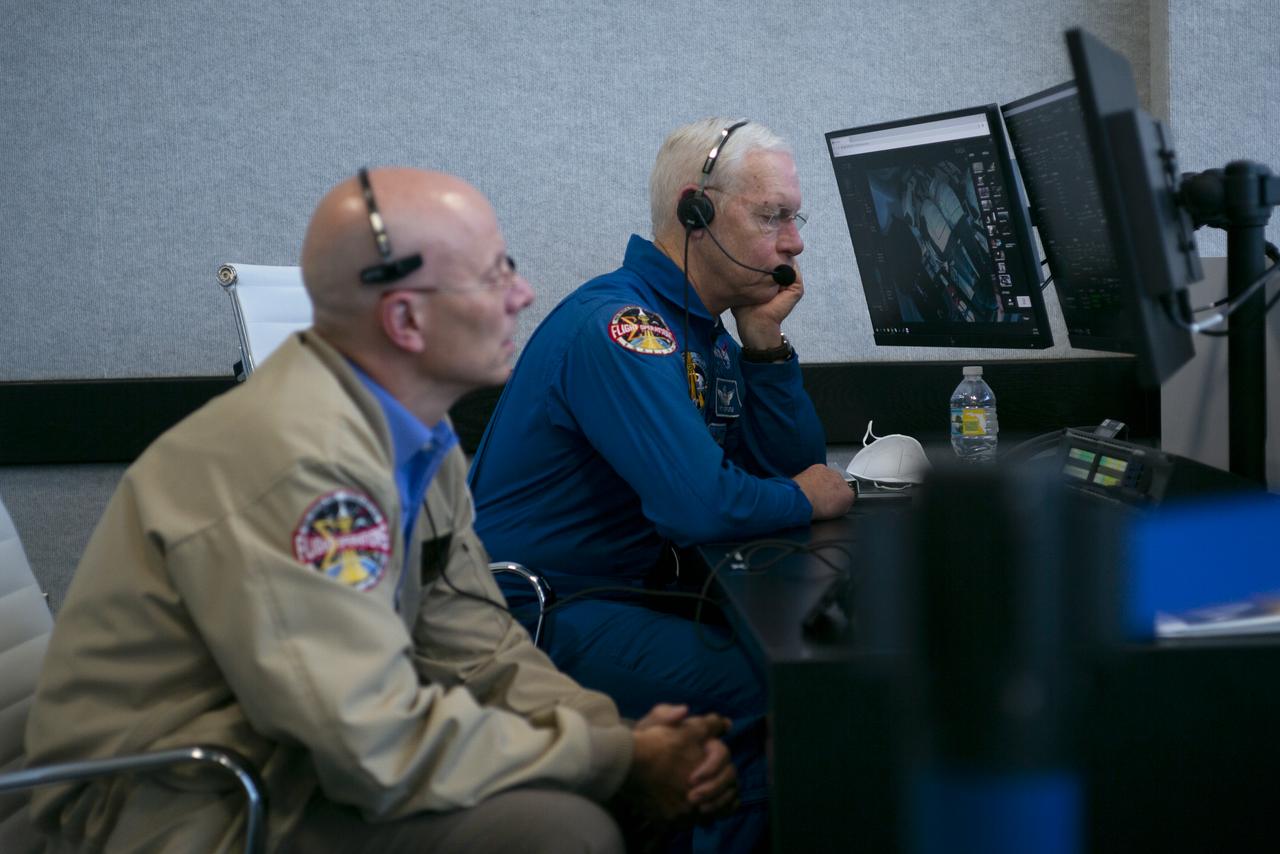 Stephen Koerner, Director of the Flight Operations Directorate at NASA’s Johnson Space Center, left, and Pat Forrester, NASA’s chief of the astronaut office, monitor the countdown of the launch of a SpaceX Falcon 9 rocket carrying the company's Crew Dragon spacecraft on NASA’s SpaceX Demo-2 mission with NASA astronauts Robert Behnken and Douglas Hurley onboard, Saturday, May 30, 2020, in firing room four of the Launch Control Center at NASA’s Kennedy Space Center in Florida. NASA’s SpaceX Demo-2 mission is the first launch with astronauts of the SpaceX Crew Dragon spacecraft and Falcon 9 rocket to the International Space Station as part of the agency’s Commercial Crew Program. The test flight serves as an end-to-end demonstration of SpaceX’s crew transportation system. Behnken and Hurley launched at 3:22 p.m. EDT on Saturday, May 30, from Launch Complex 39A at the Kennedy Space Center. A new era of human spaceflight is set to begin as American astronauts once again launch on an American rocket from American soil to low-Earth orbit for the first time since the conclusion of the Space Shuttle Program in 2011. Photo Credit: (NASA/Joel Kowsky)