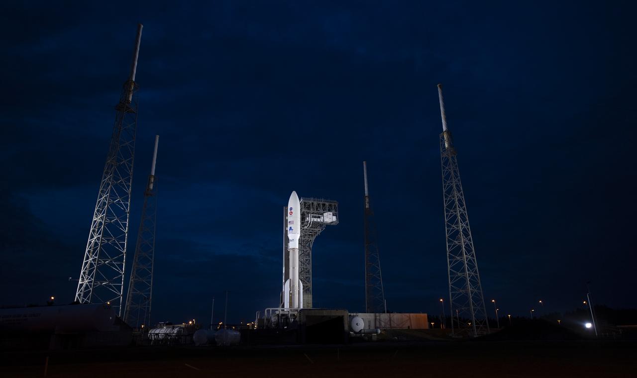 A United Launch Alliance Atlas V rocket with NASA’s Mars 2020 Perseverance rover onboard is seen illuminated by spotlights on the launch pad at Space Launch Complex 41, Tuesday, July 28, 2020, at Cape Canaveral Air Force Station in Florida. The Perseverance rover is part of NASA’s Mars Exploration Program, a long-term effort of robotic exploration of the Red Planet. Launch is scheduled for Thursday, July 30.  Photo Credit: (NASA/Joel Kowsky)