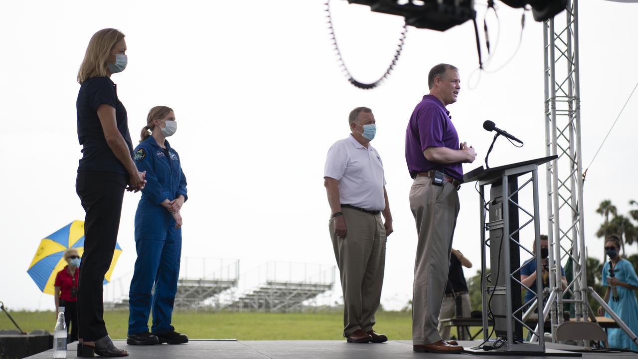 Kennedy Space Center Deputy Director Janet Petro, left, NASA astronaut Zena Cardman, second from left, NASA Deputy Administrator Jim Morhard, second from right, and NASA Administrator Jim Bridenstine, right, are seen during a press conference ahead of the launch of NASA’s Mars 2020 Perseverance rover, Wednesday, July 29, 2020, at NASA’s Kennedy Space Center in Florida. The Perseverance rover is part of NASA’s Mars Exploration Program, a long-term effort of robotic exploration of the Red Planet. Launch is scheduled for Thursday, July 30. Photo Credit: (NASA/Joel Kowsky)